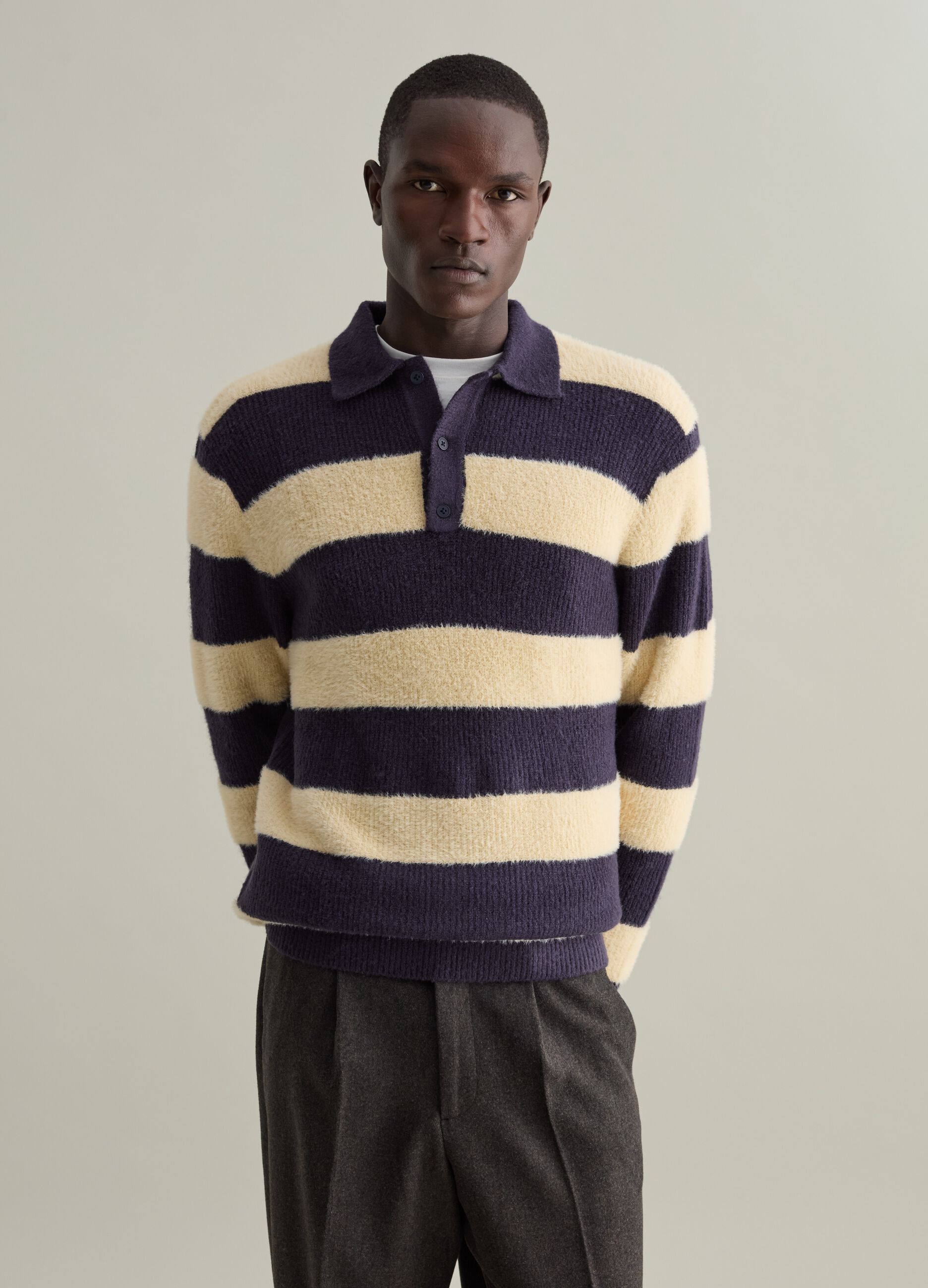 Man s White Blue Striped pullover with polo neckline PIOMBO