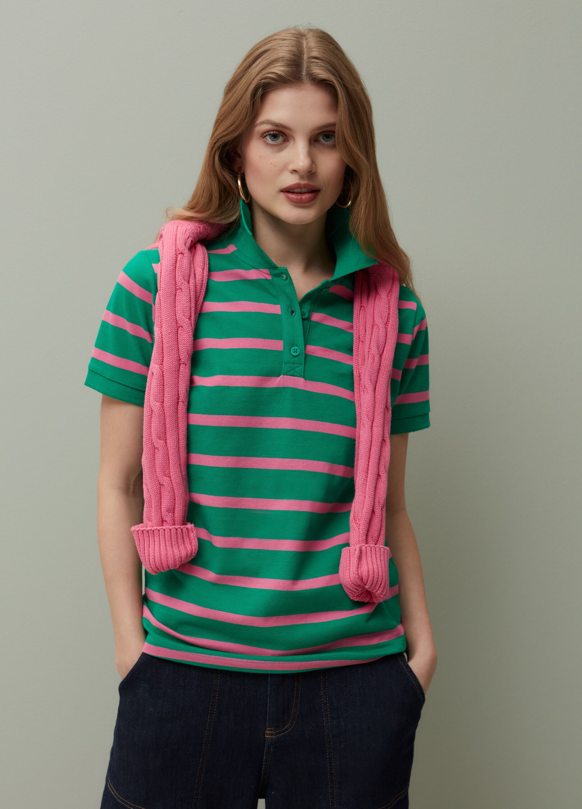 Woman s Pink Green Striped pique polo shirt PIOMBO