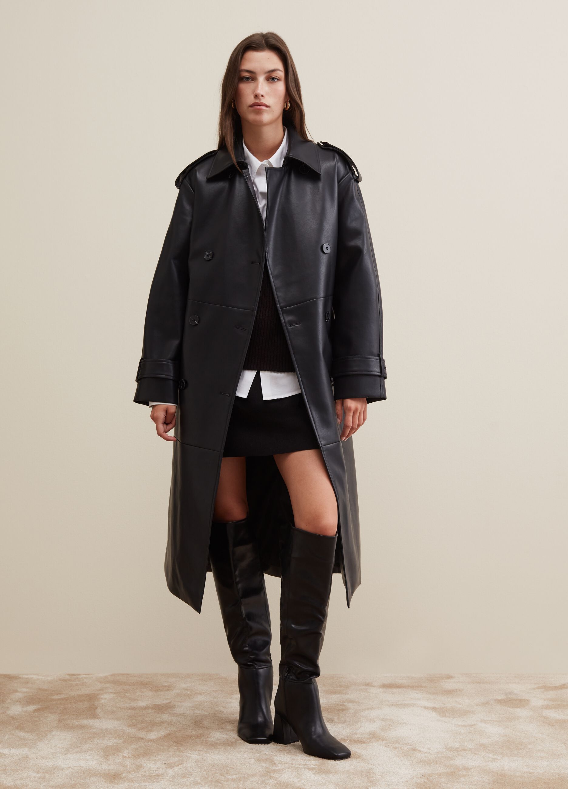 Woman s Black Double breasted long trench coat with shiny effect