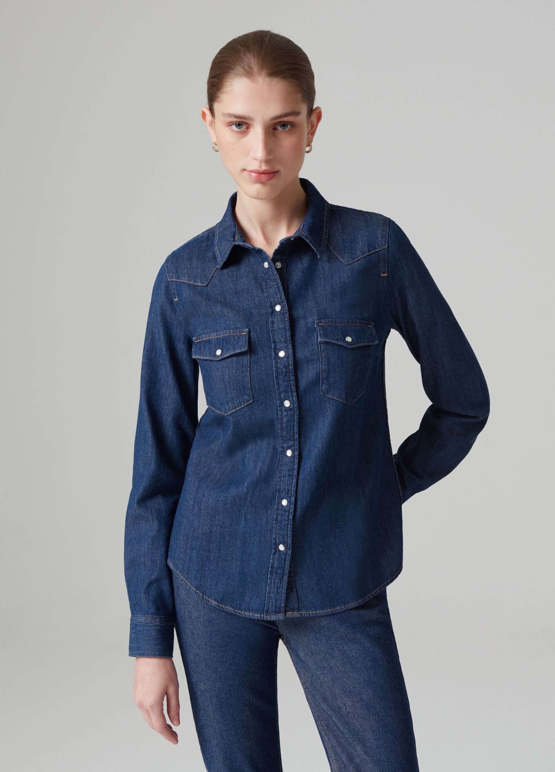 Woman s Denim Denim western shirt with pearl buttons PIOMBO