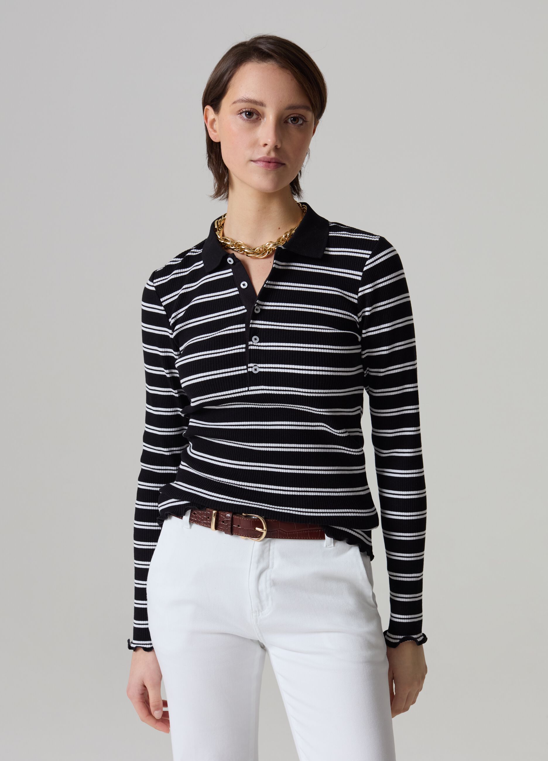 Long-sleeved polo shirt with wavy edging_0