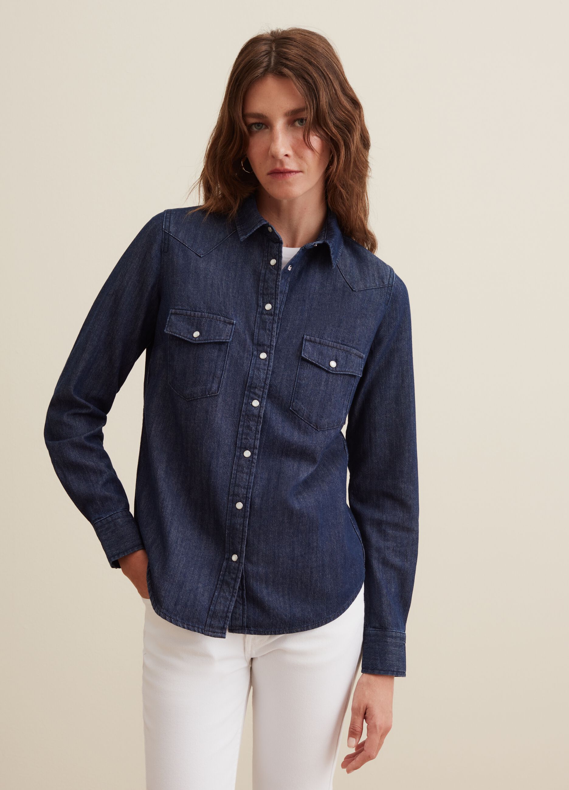 Woman\'s Dark Wash Western shirt in denim with pearl buttons | PIOMBO