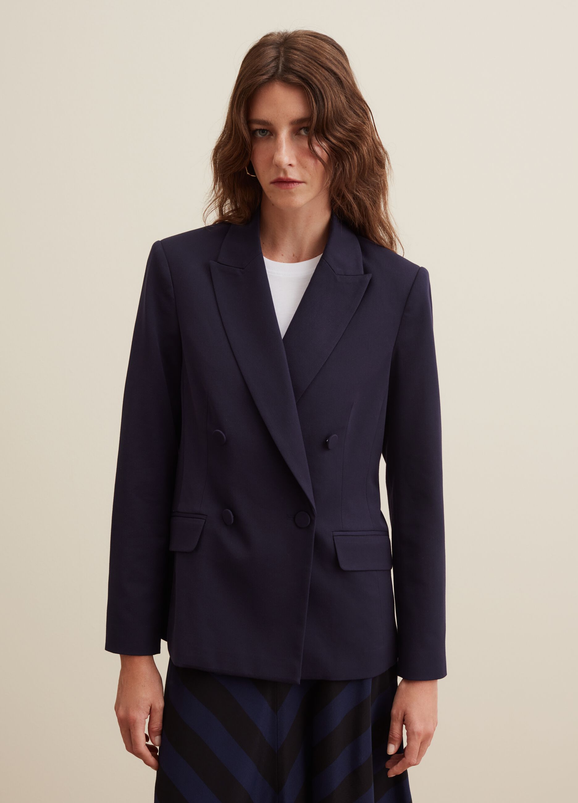 Woman s Night Blue Solid colour double breasted blazer PIOMBO