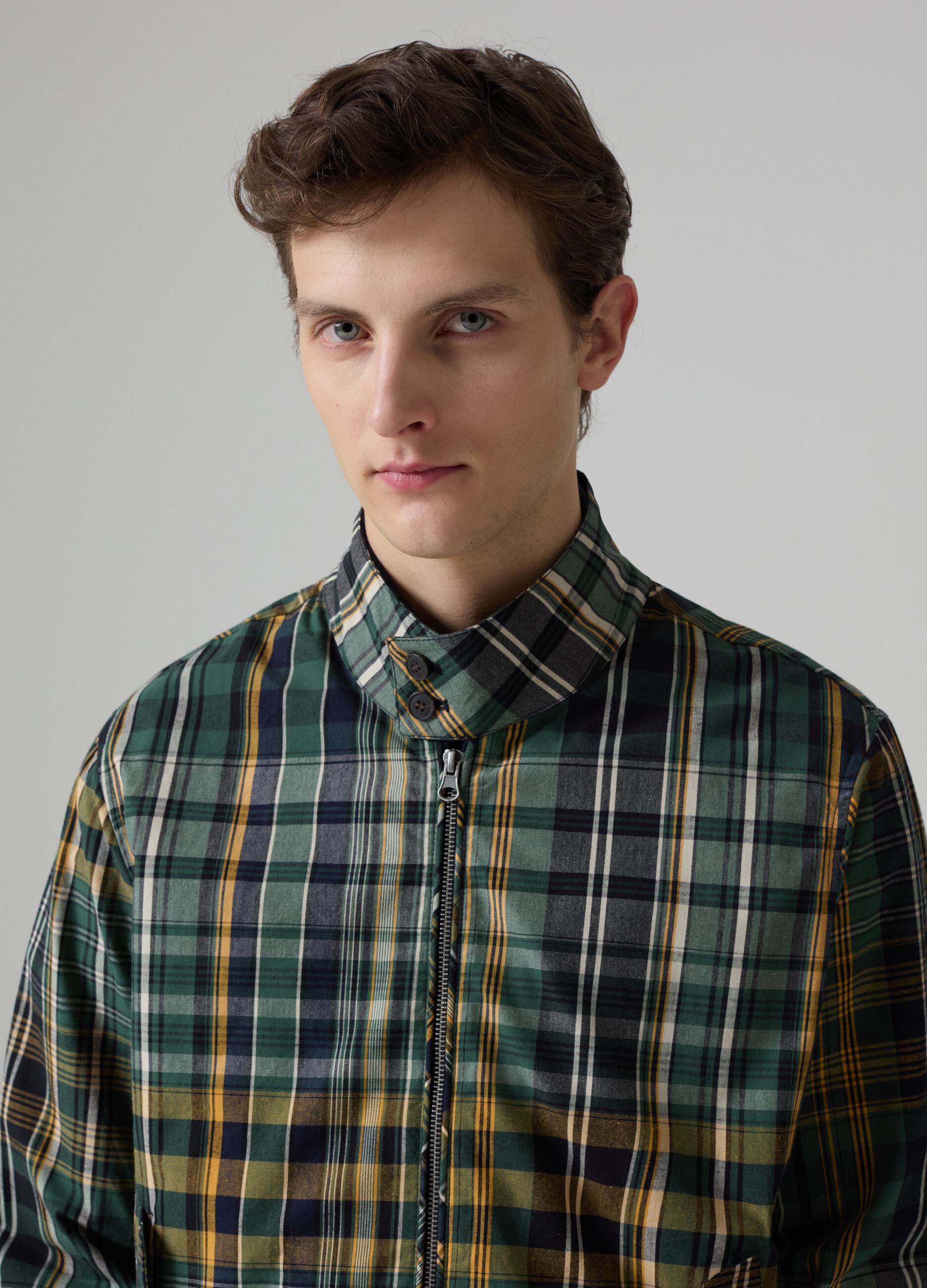 Full-zip tartan bomber jacket with high neck