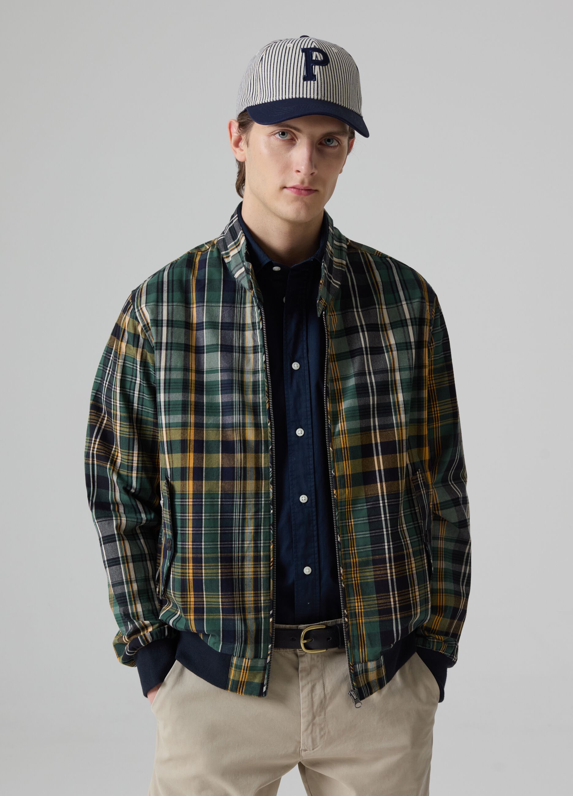 Full-zip tartan bomber jacket with high neck