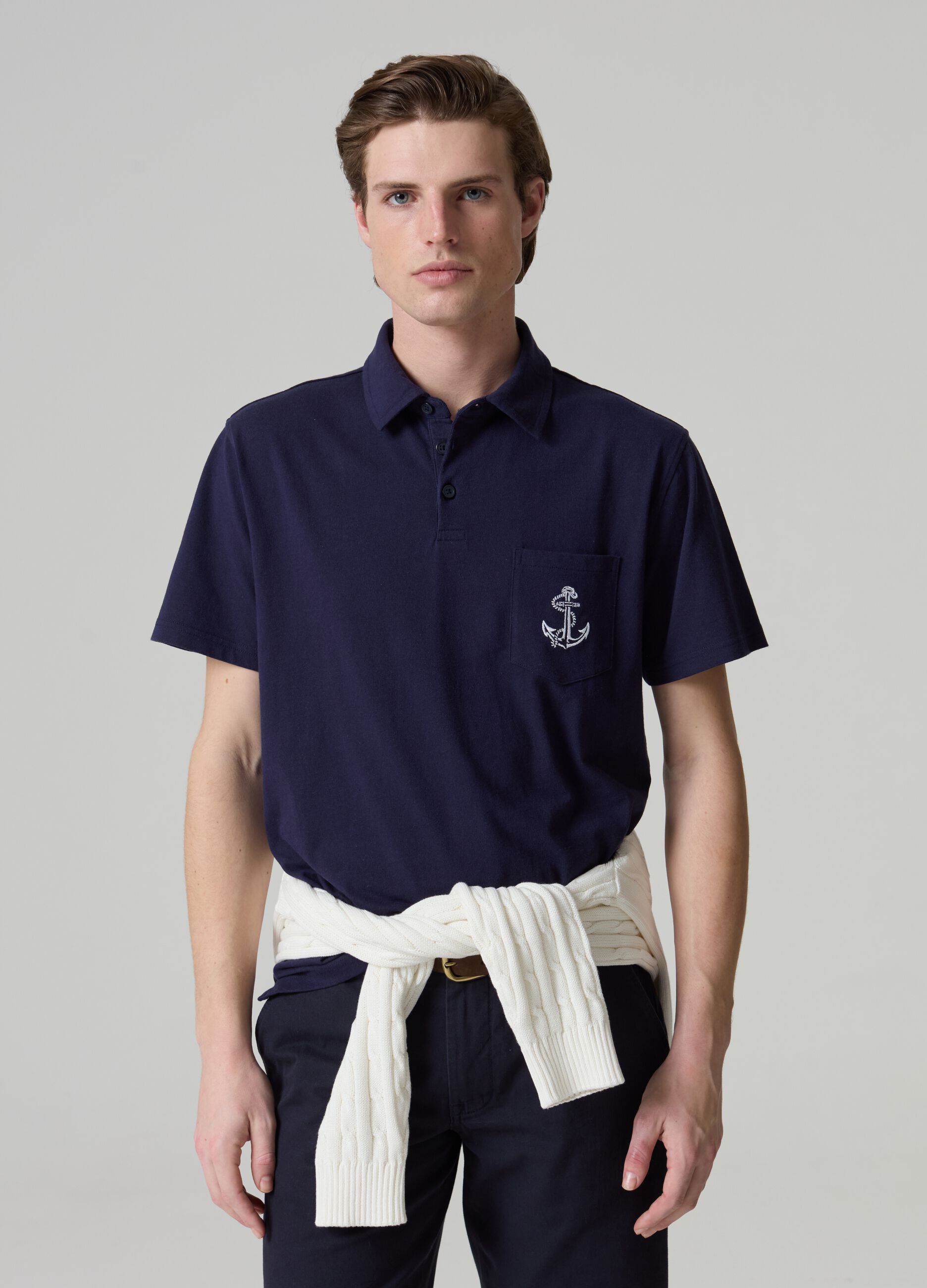 Piquet polo shirt with pocket and anchor embroidery_0