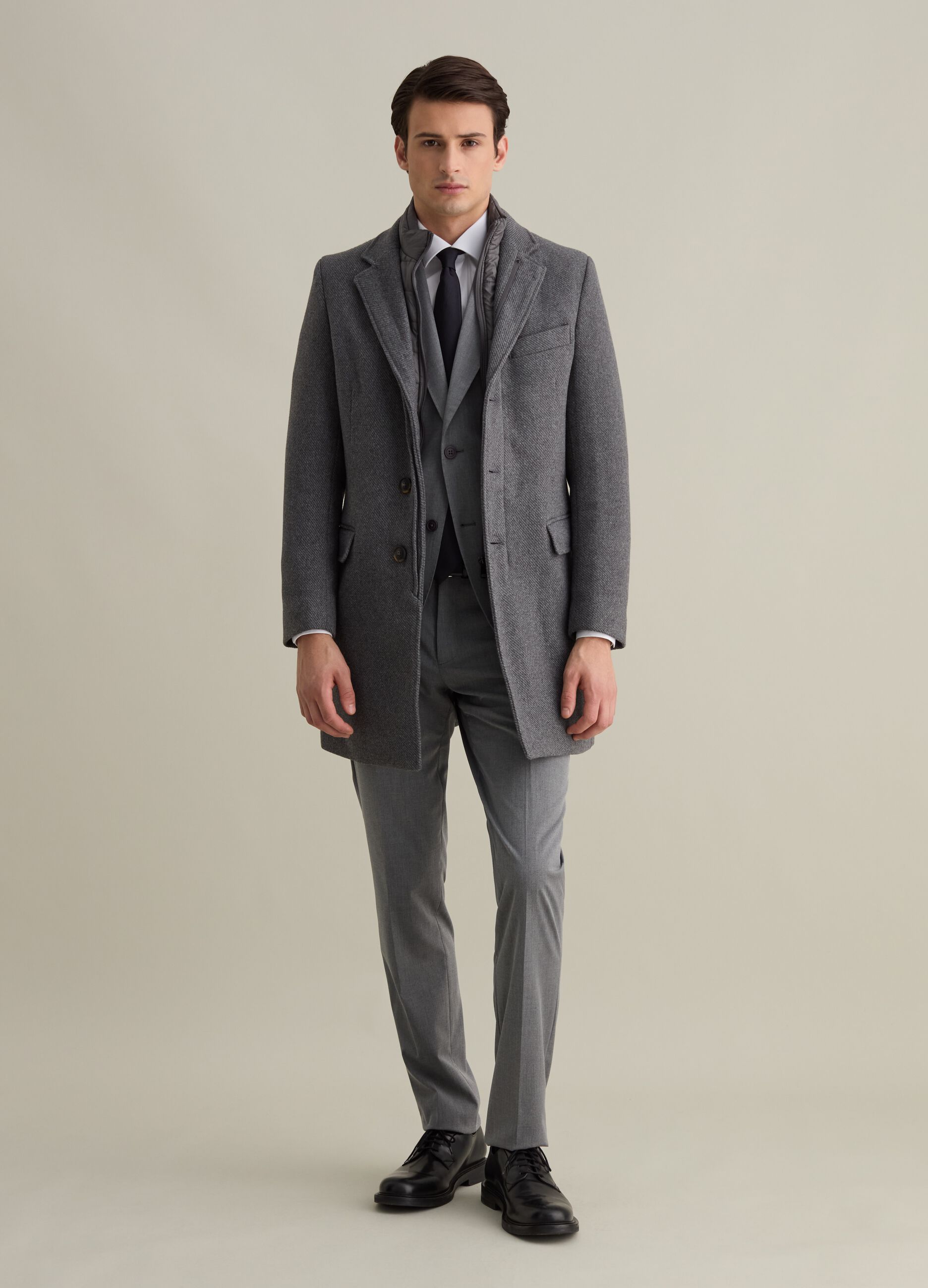 Man s Grey Marl Melange coat with internal gilet PIOMBO