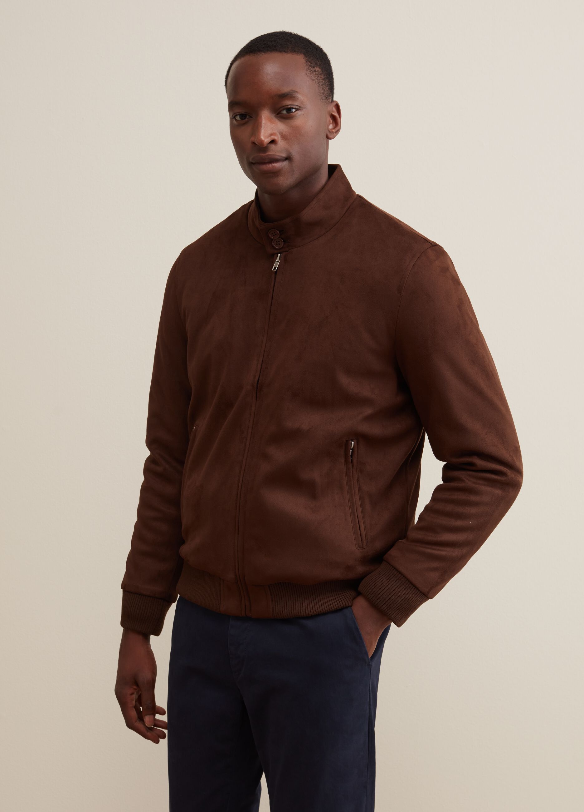 Man s Cognac Brown Suede bomber jacket with zip PIOMBO
