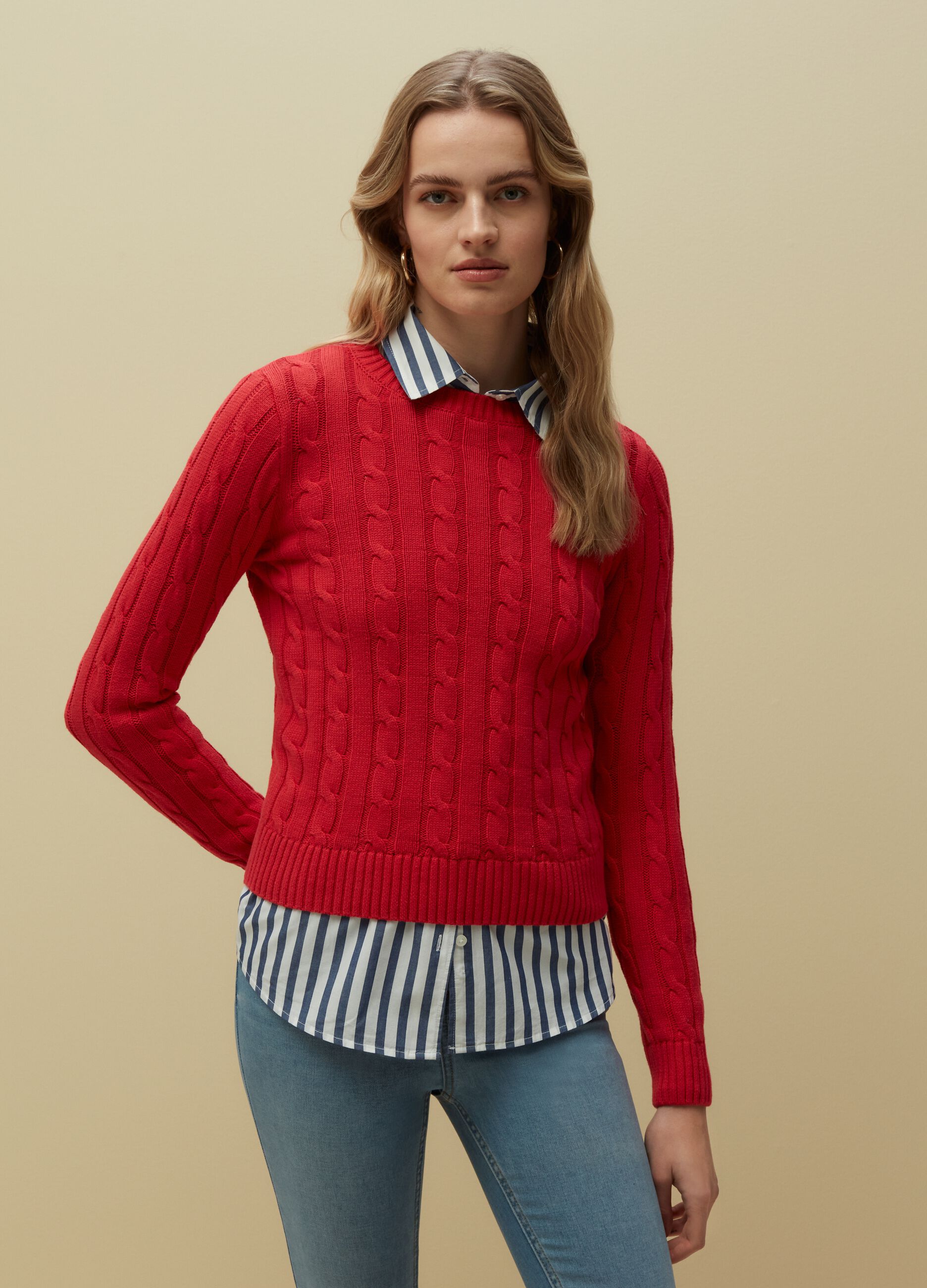 Cotton pullover with cable design_1