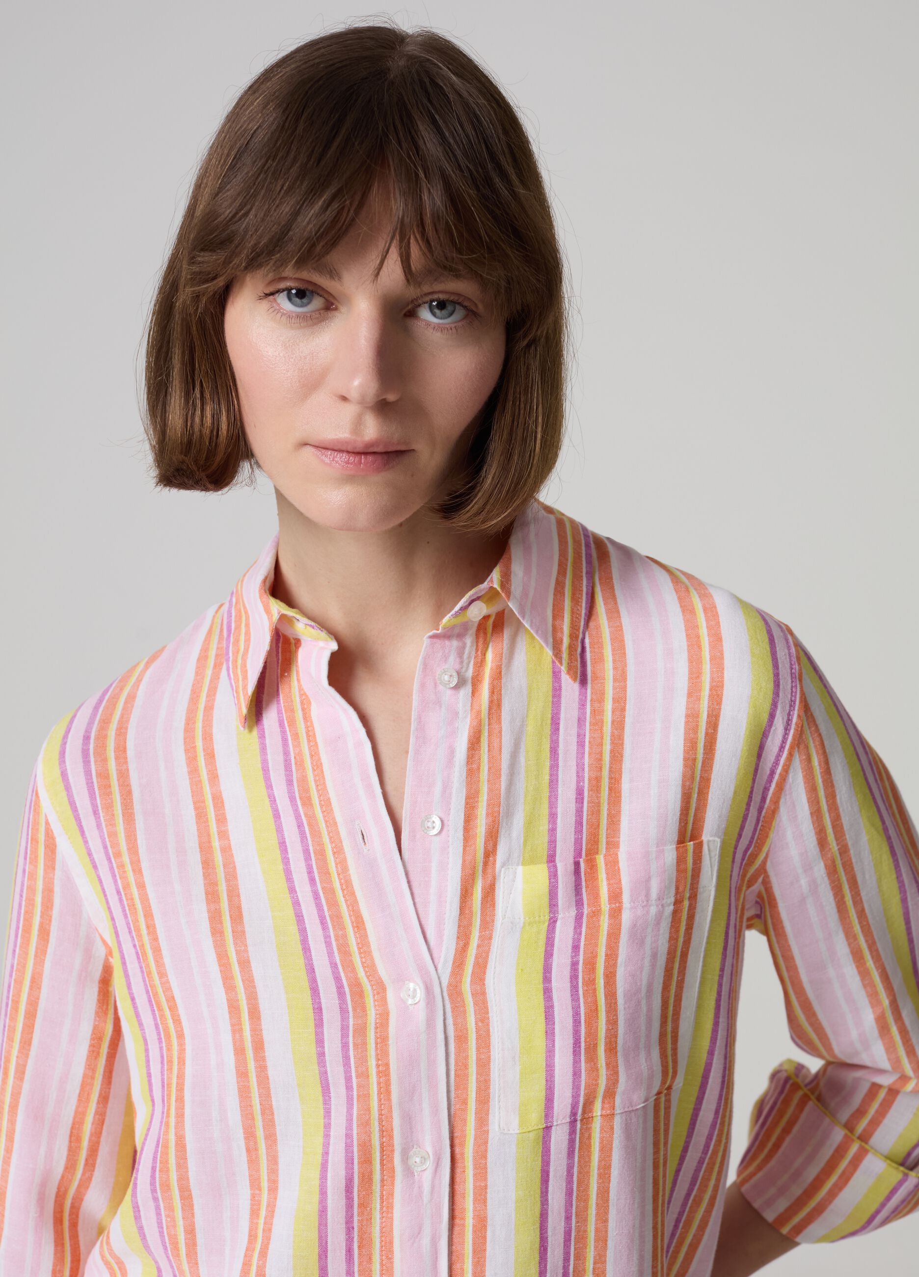 Linen and viscose shirt with multicoloured stripes_1