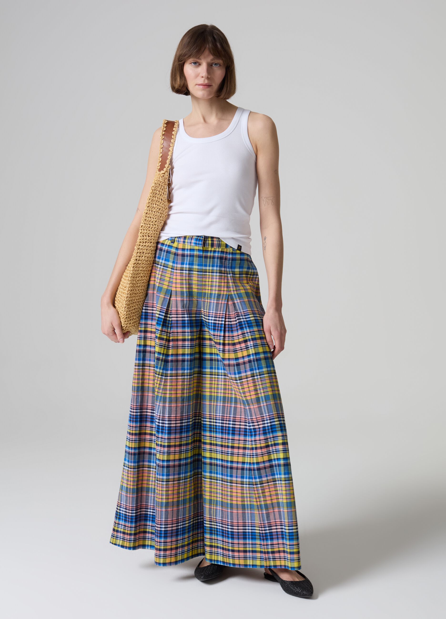 Flare-fit wide-leg trousers with check pattern