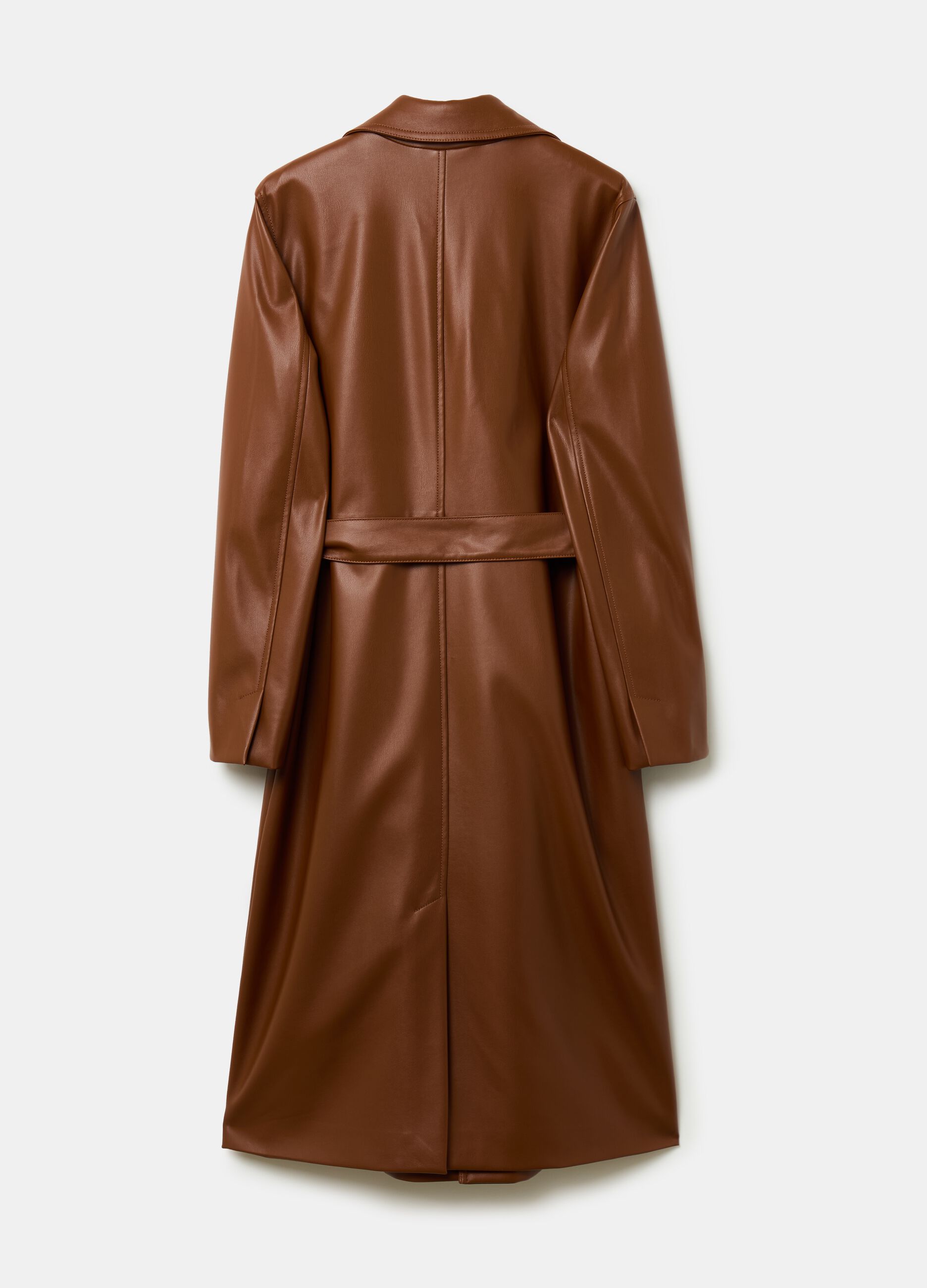Long glossy-effect trench coat with belt