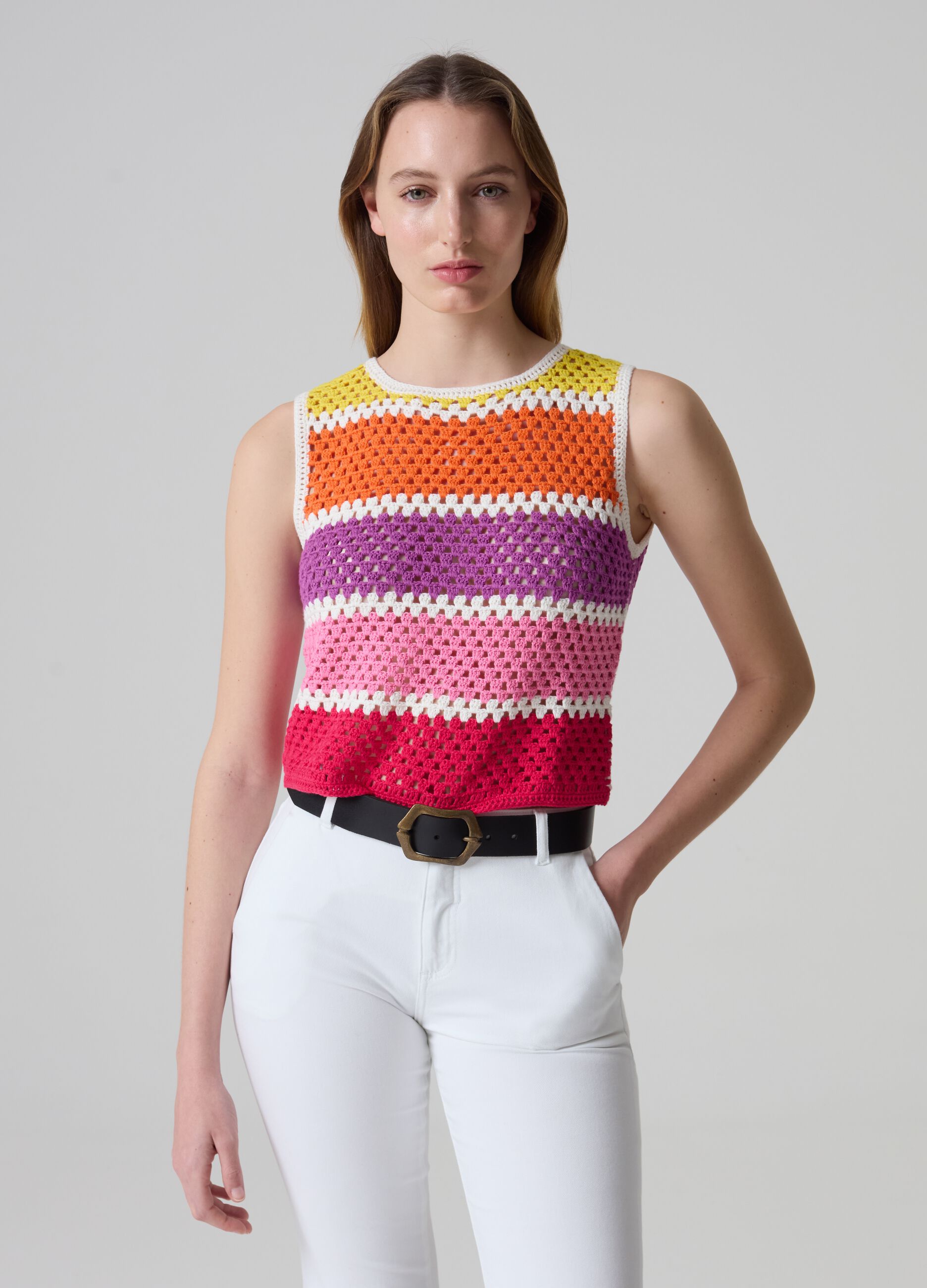 Camiseta de tirantes ganchillo de rayas multicolor_0