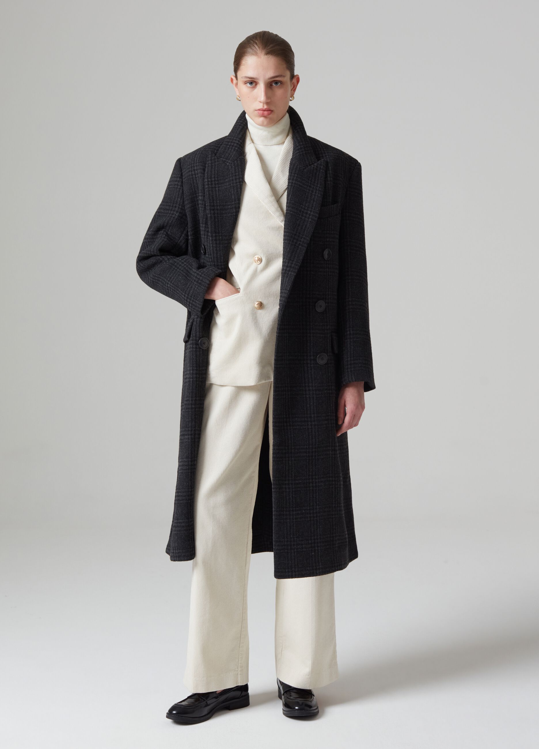 Woman s Black Grey Double breasted coat in Prince of Wales check