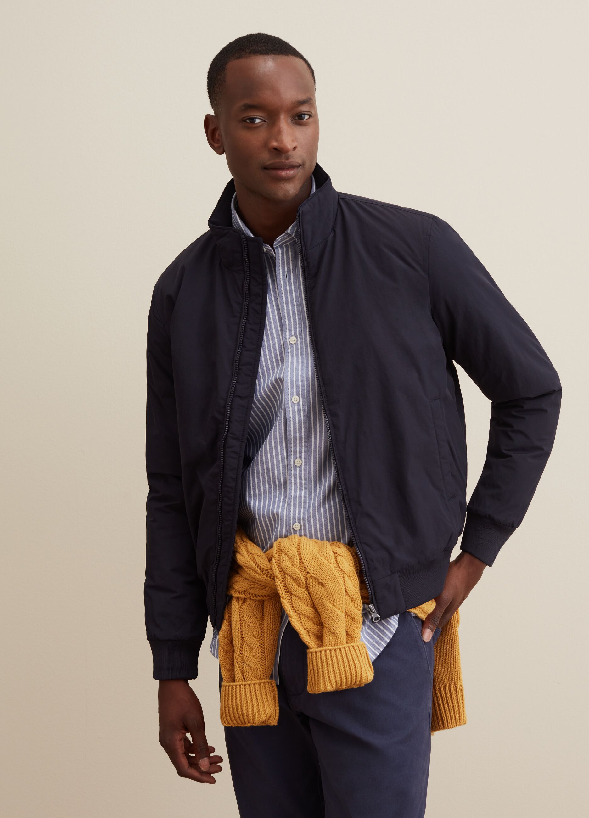 Man s Navy Blue Full zip bomber jacket with high neck PIOMBO