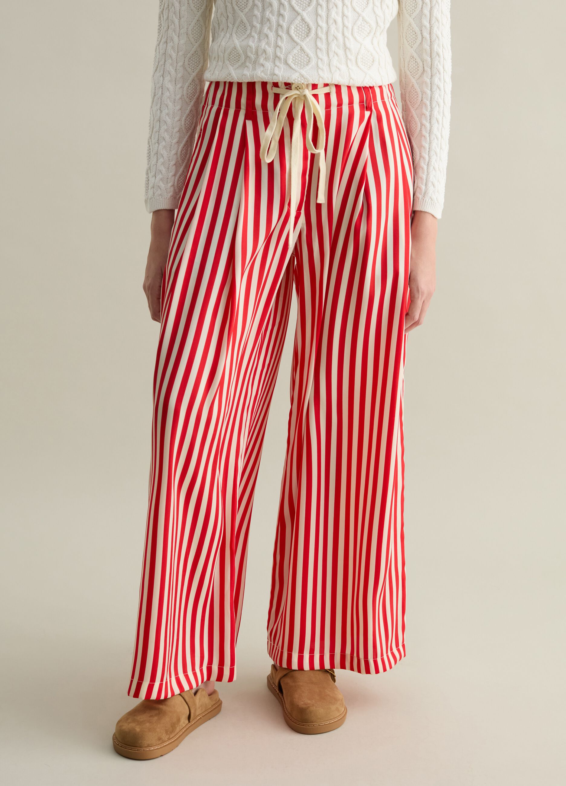 Wide-leg striped trousers with drawstring