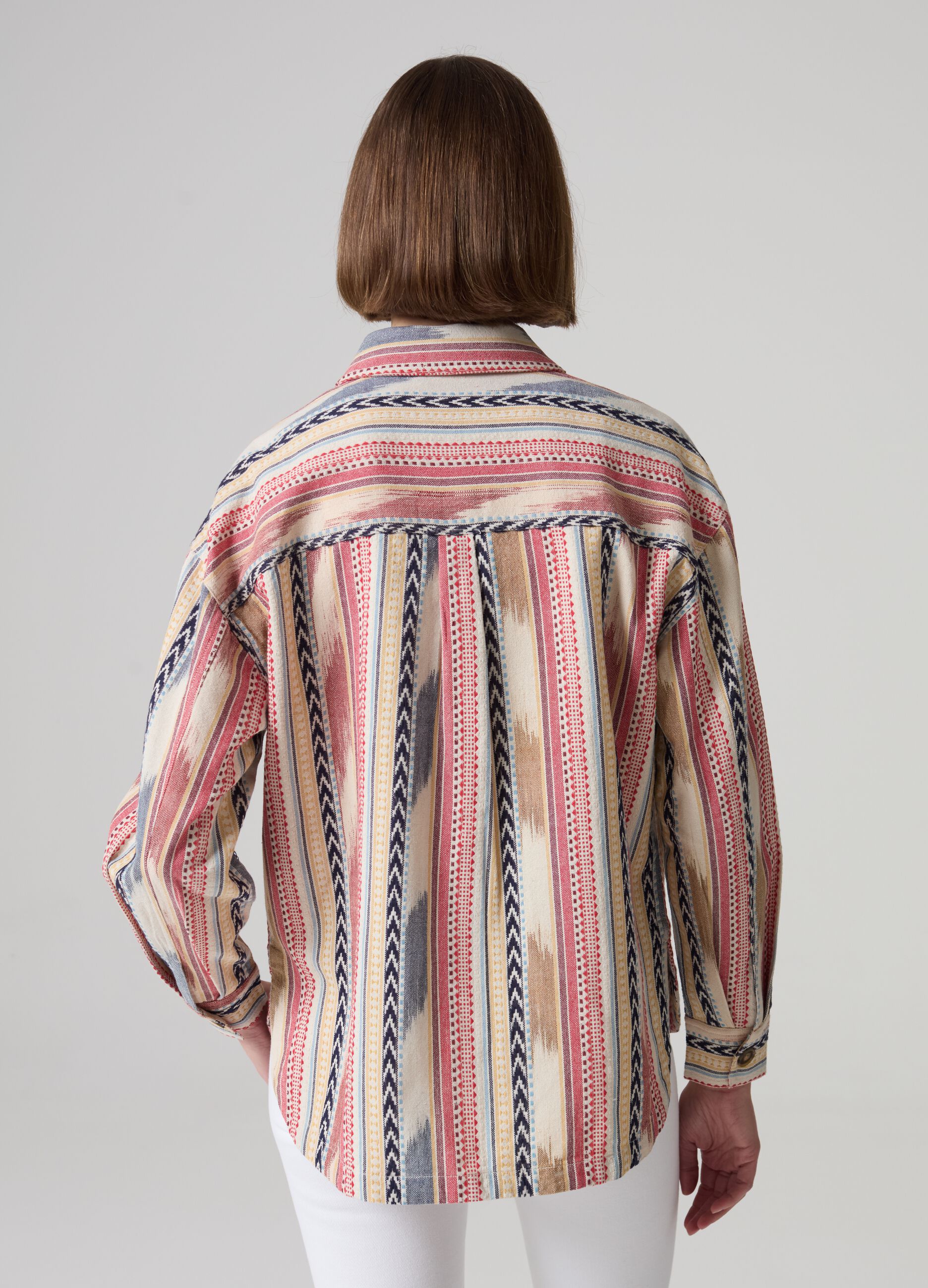 Multicoloured striped shacket with ethnic designs