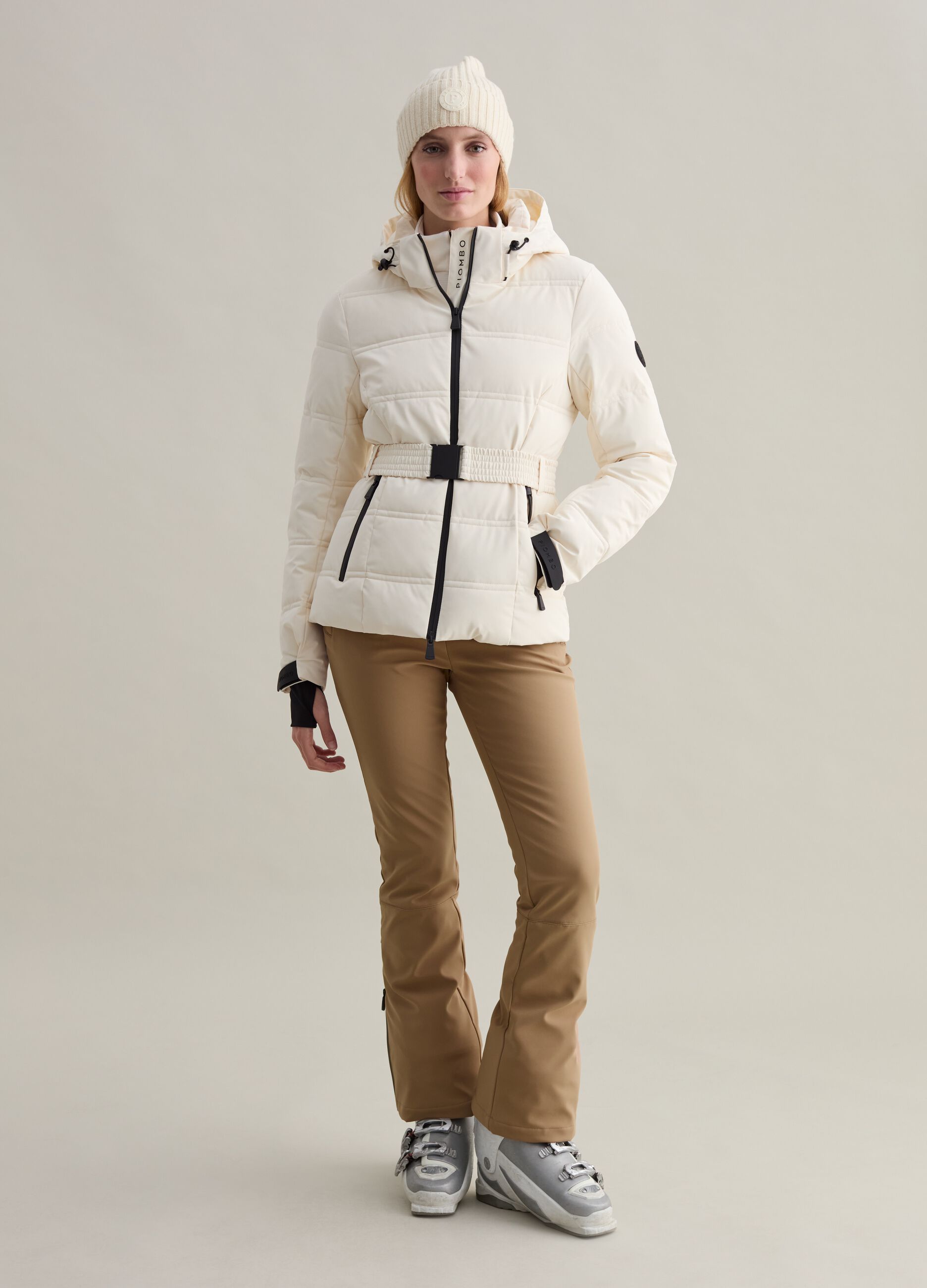 Quilted down jacket with belt