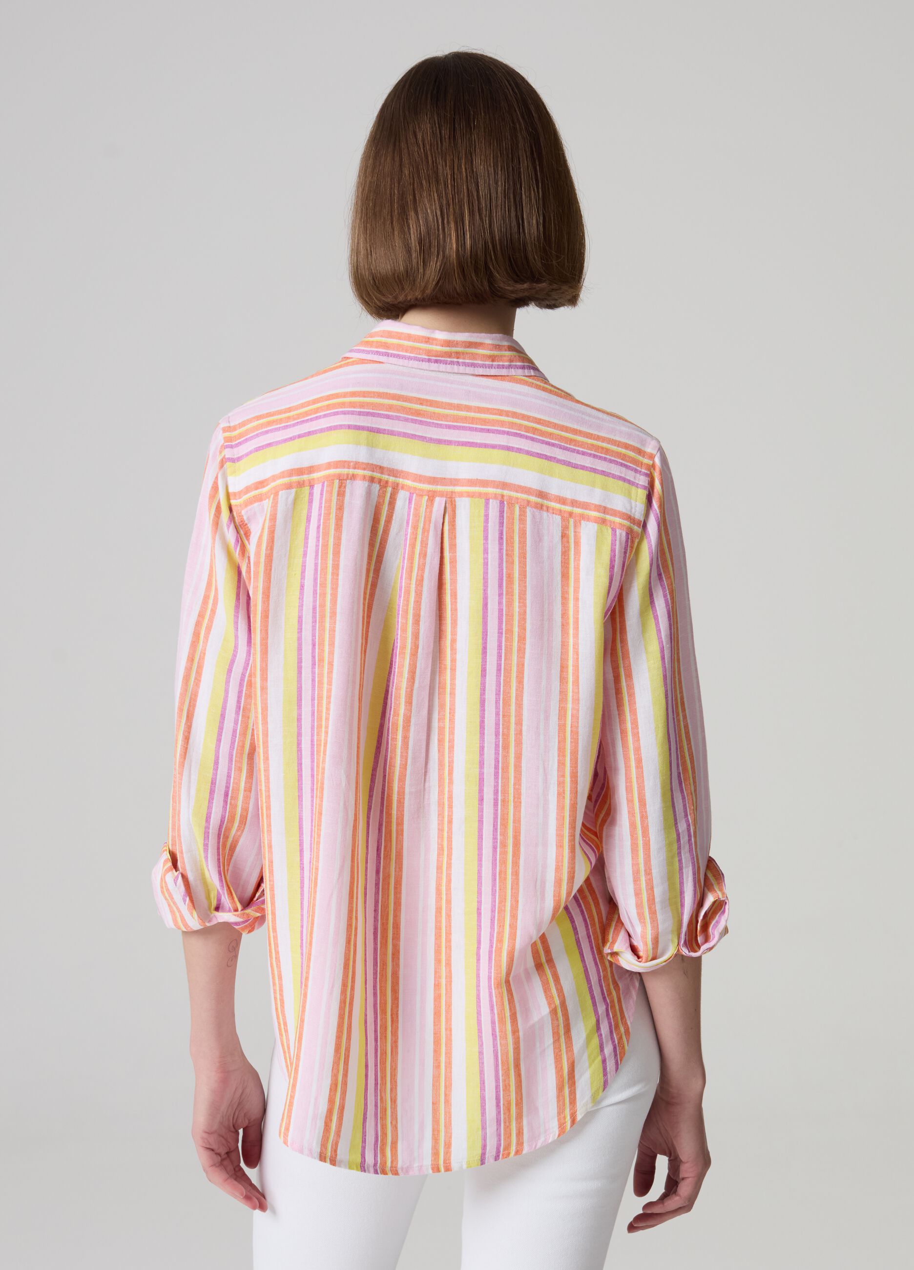 Linen and viscose shirt with multicoloured stripes