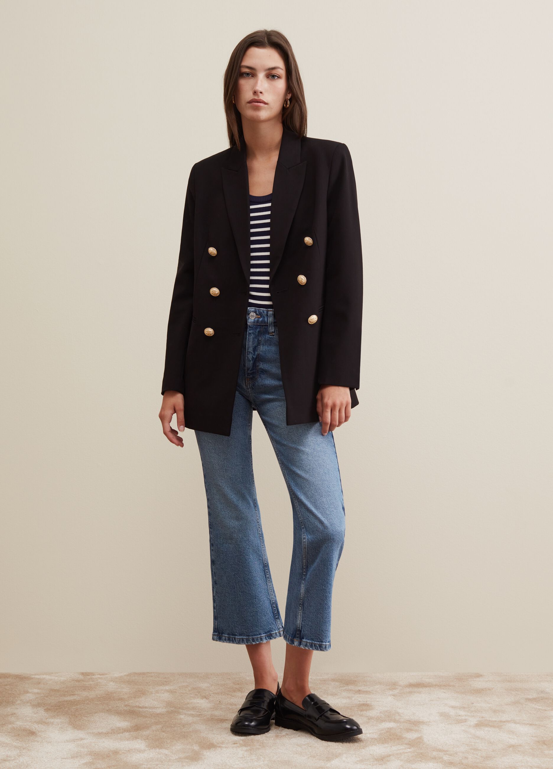Women's black double breasted 2025 blazer with gold buttons