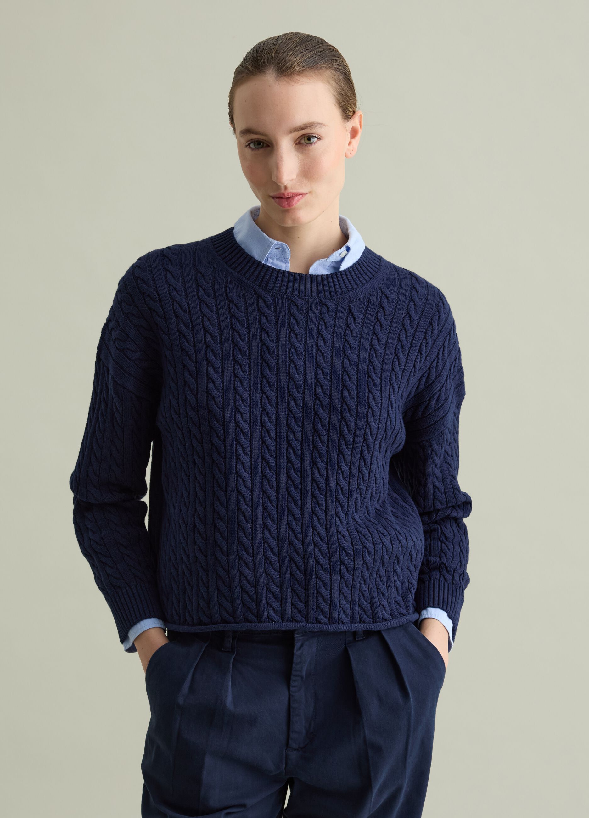 Ribbed pullover with cable-knit design