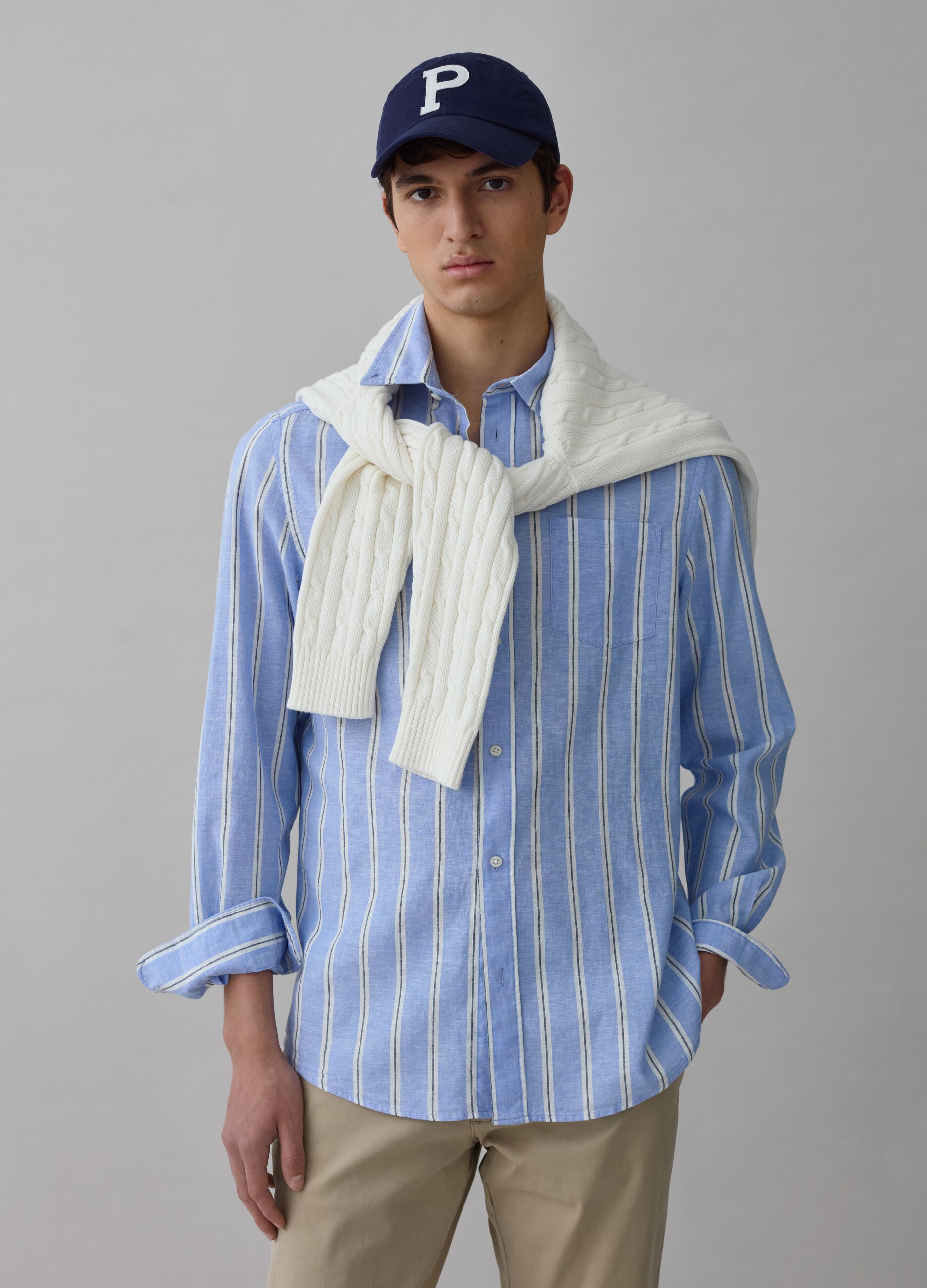 Regular-fit shirt in striped cotton and linen_0