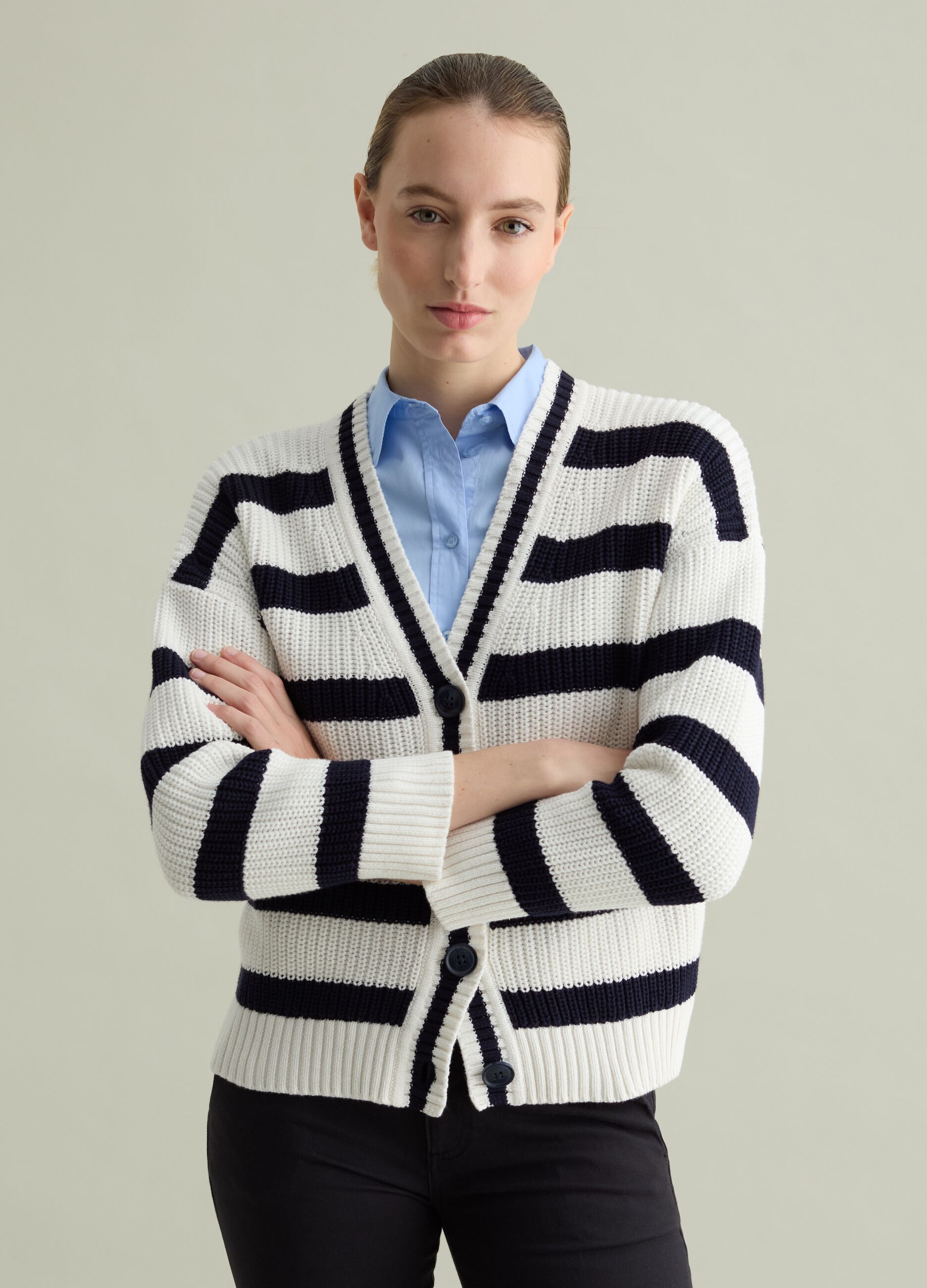 Striped knit cardigan with V neck