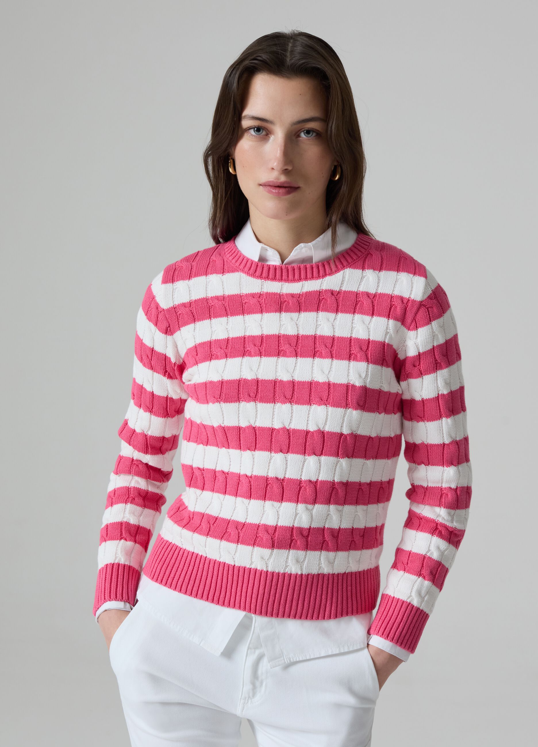 Striped pullover with cable-knit design_0