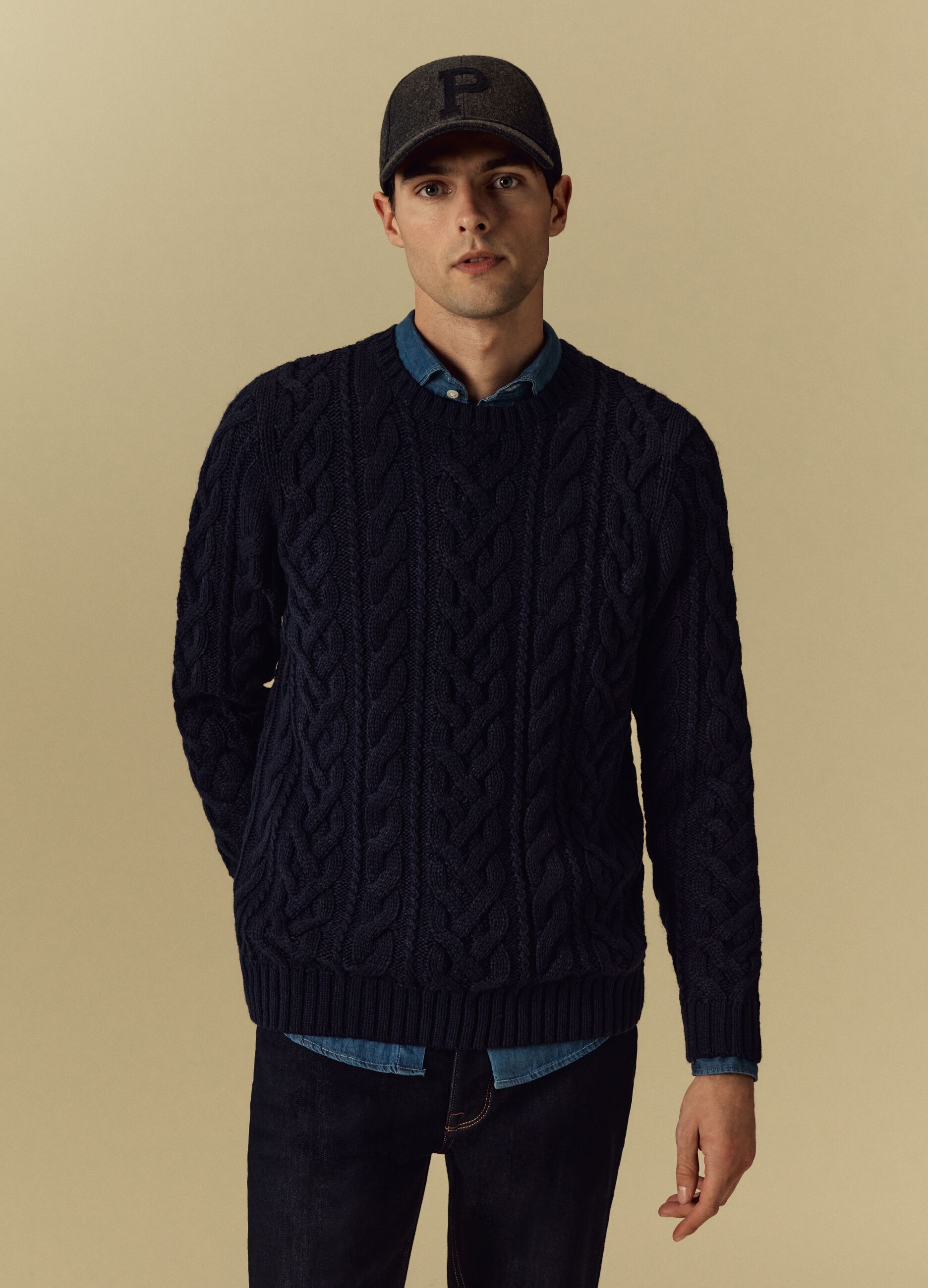 Man's Night Blue Pullover with cable design | PIOMBO