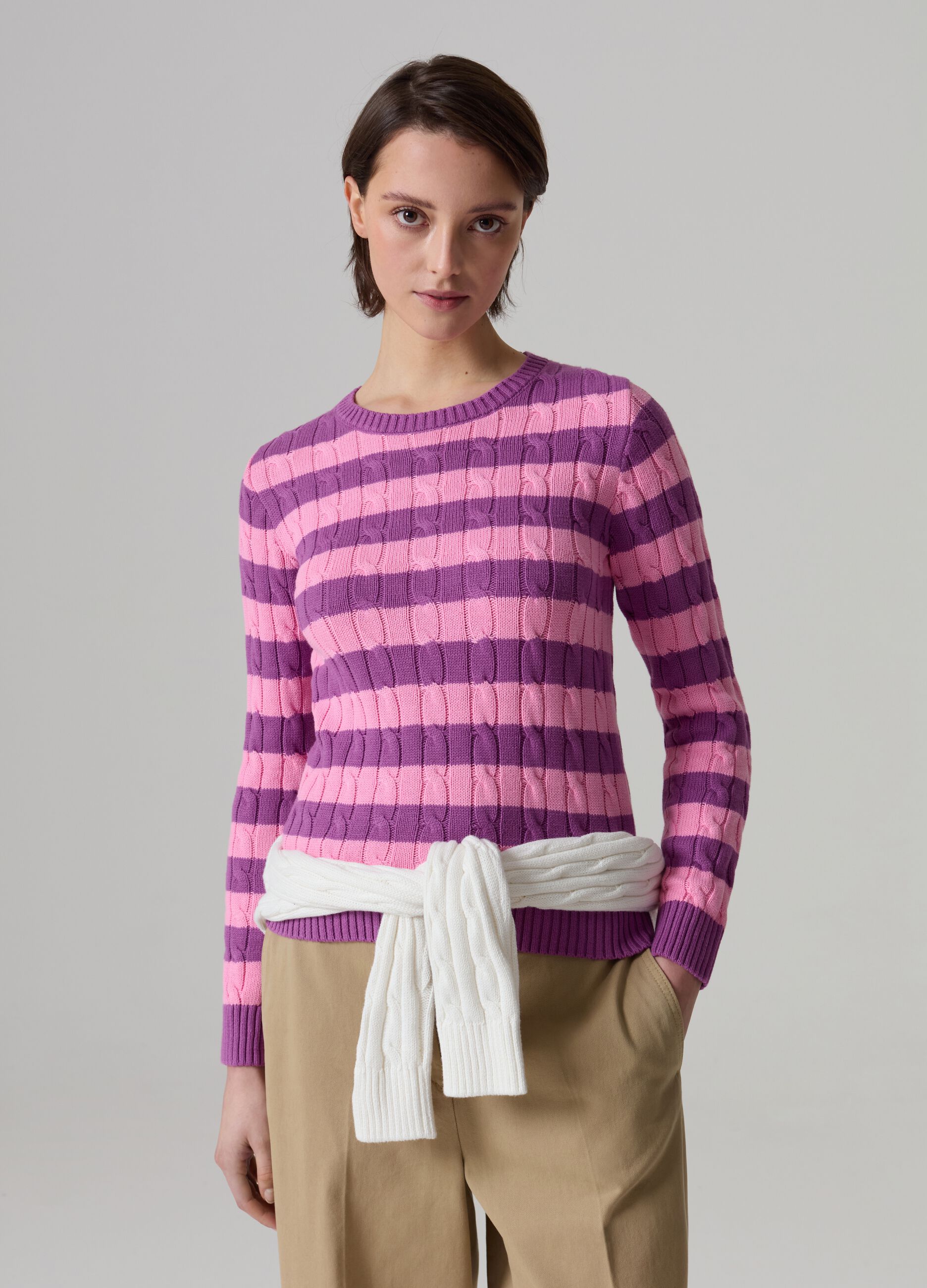 Striped pullover with braided design