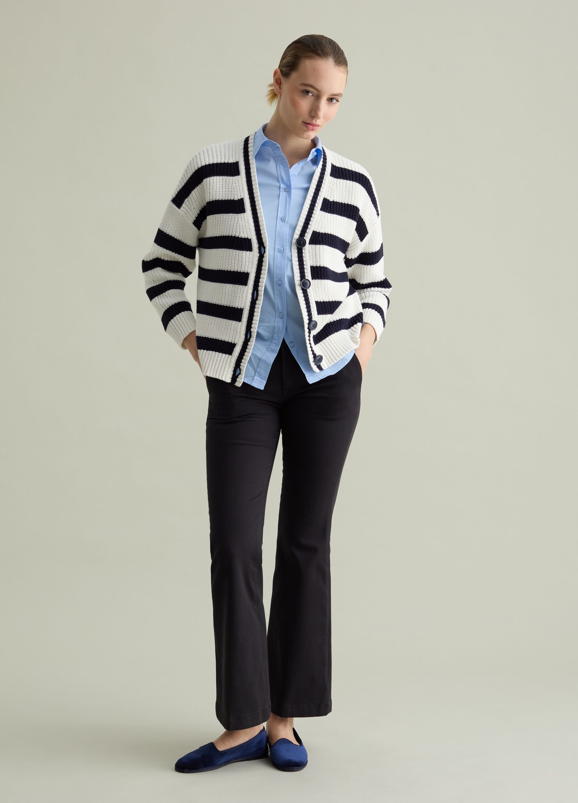 Striped knit cardigan with V neck