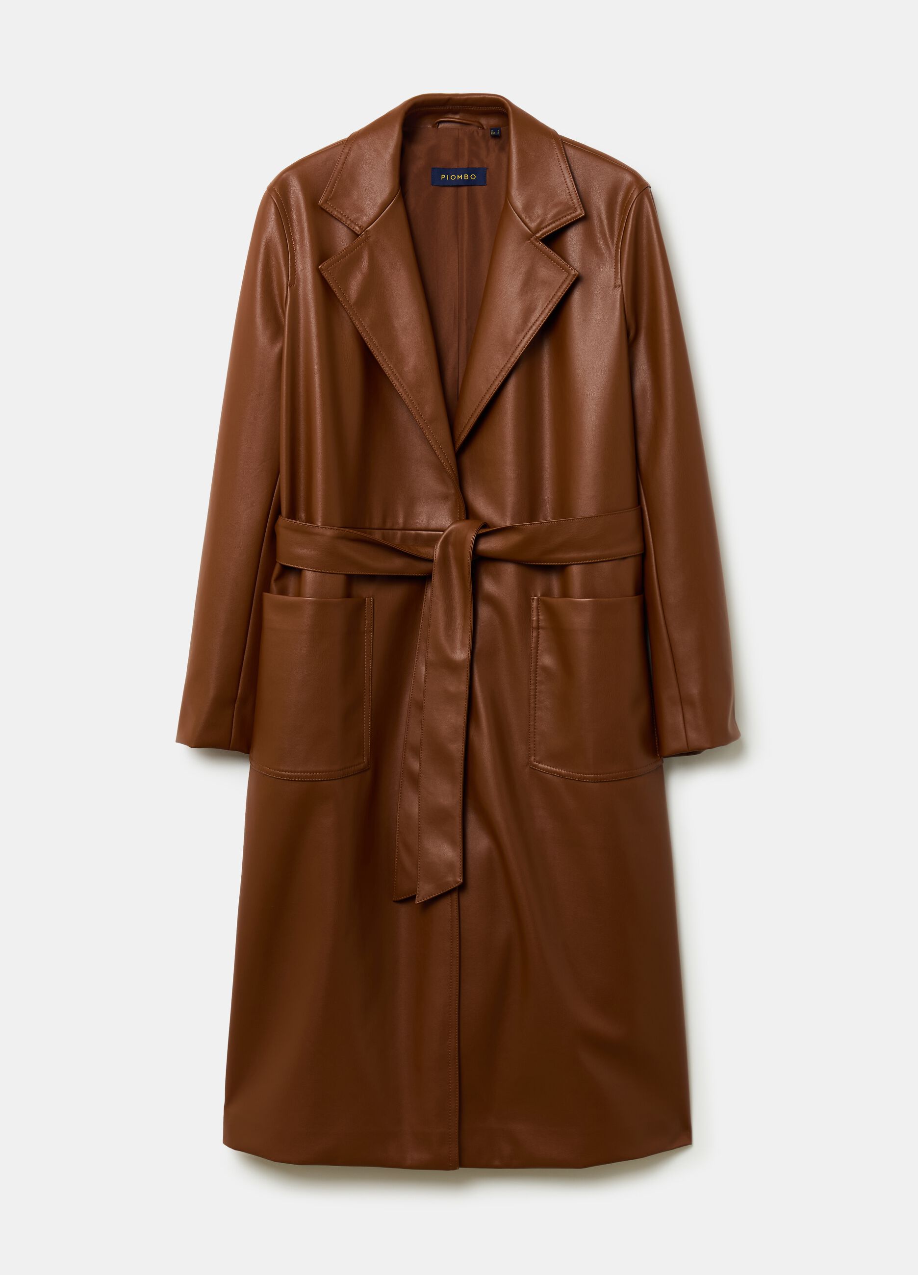 Long glossy-effect trench coat with belt