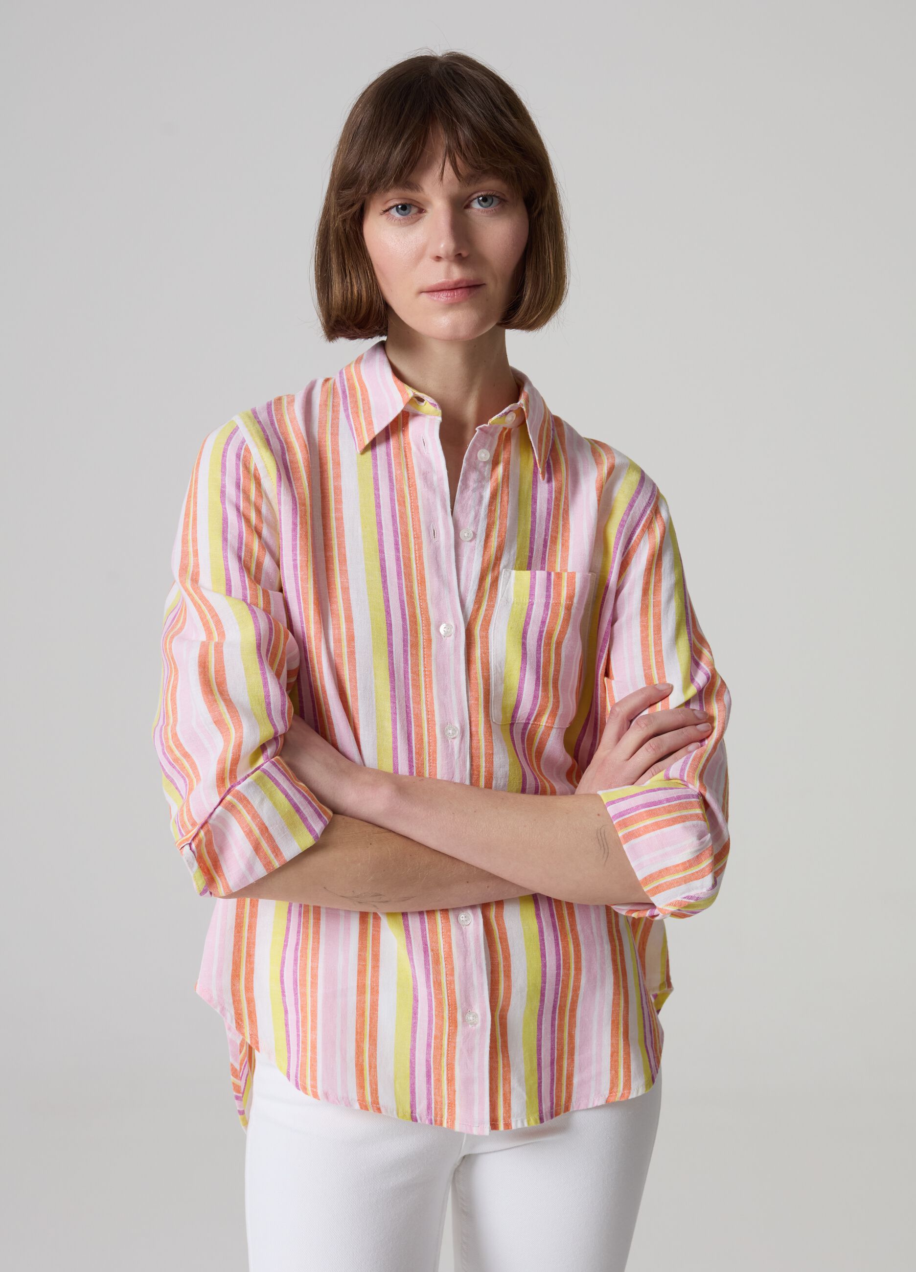 Linen and viscose shirt with multicoloured stripes