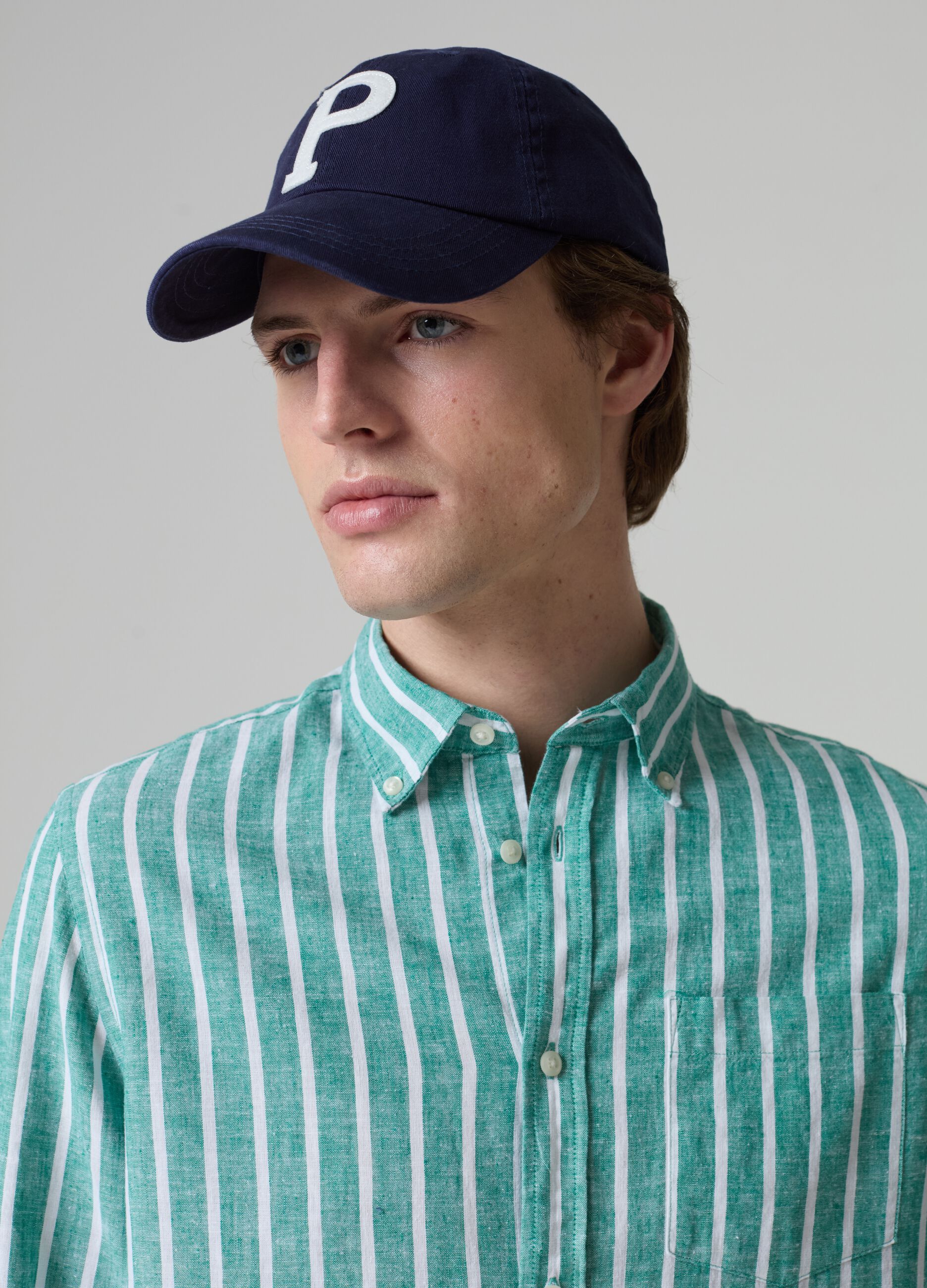 Stripe linen and cotton shirt with pocket