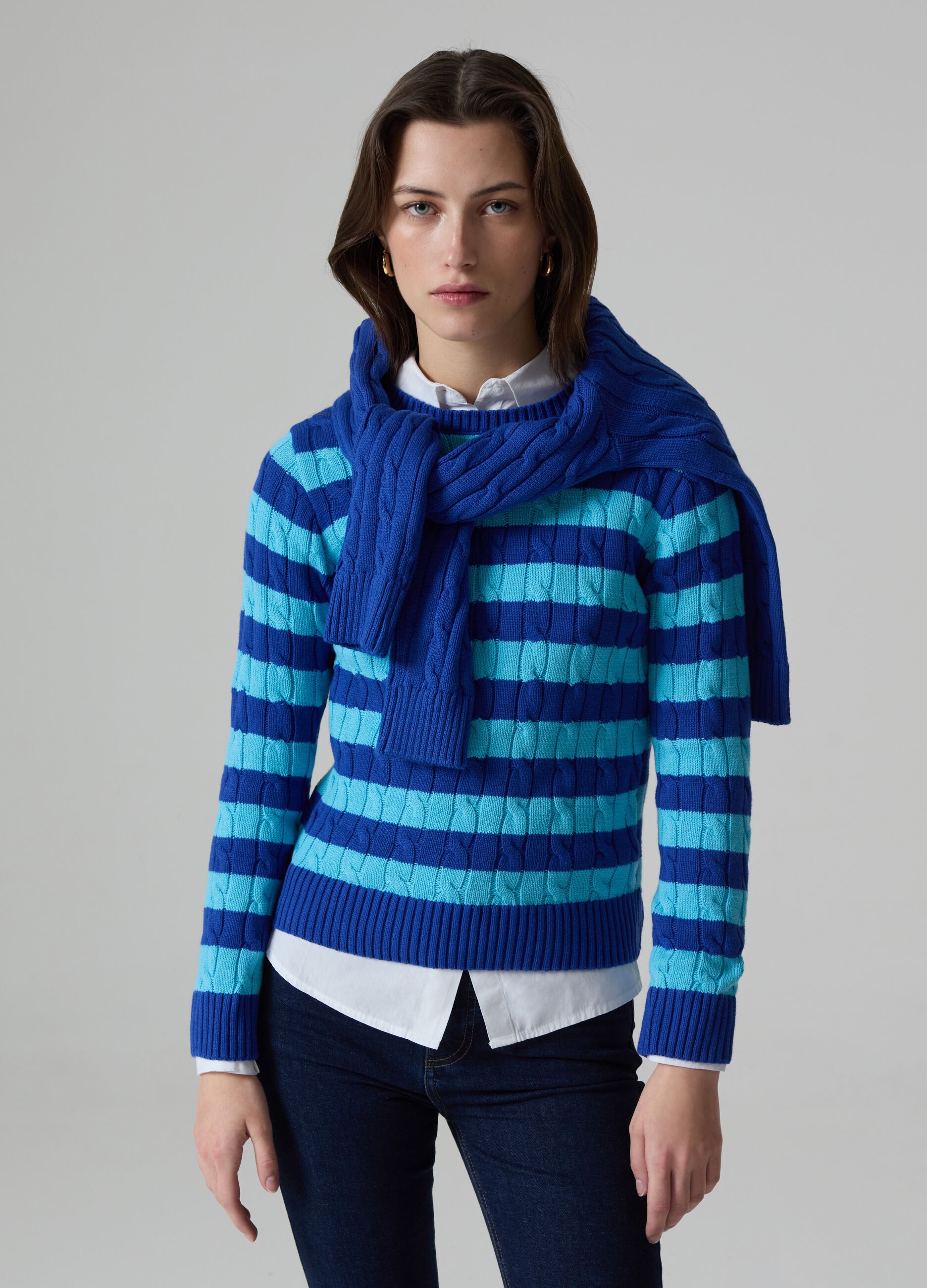 Striped pullover with cable-knit design_0