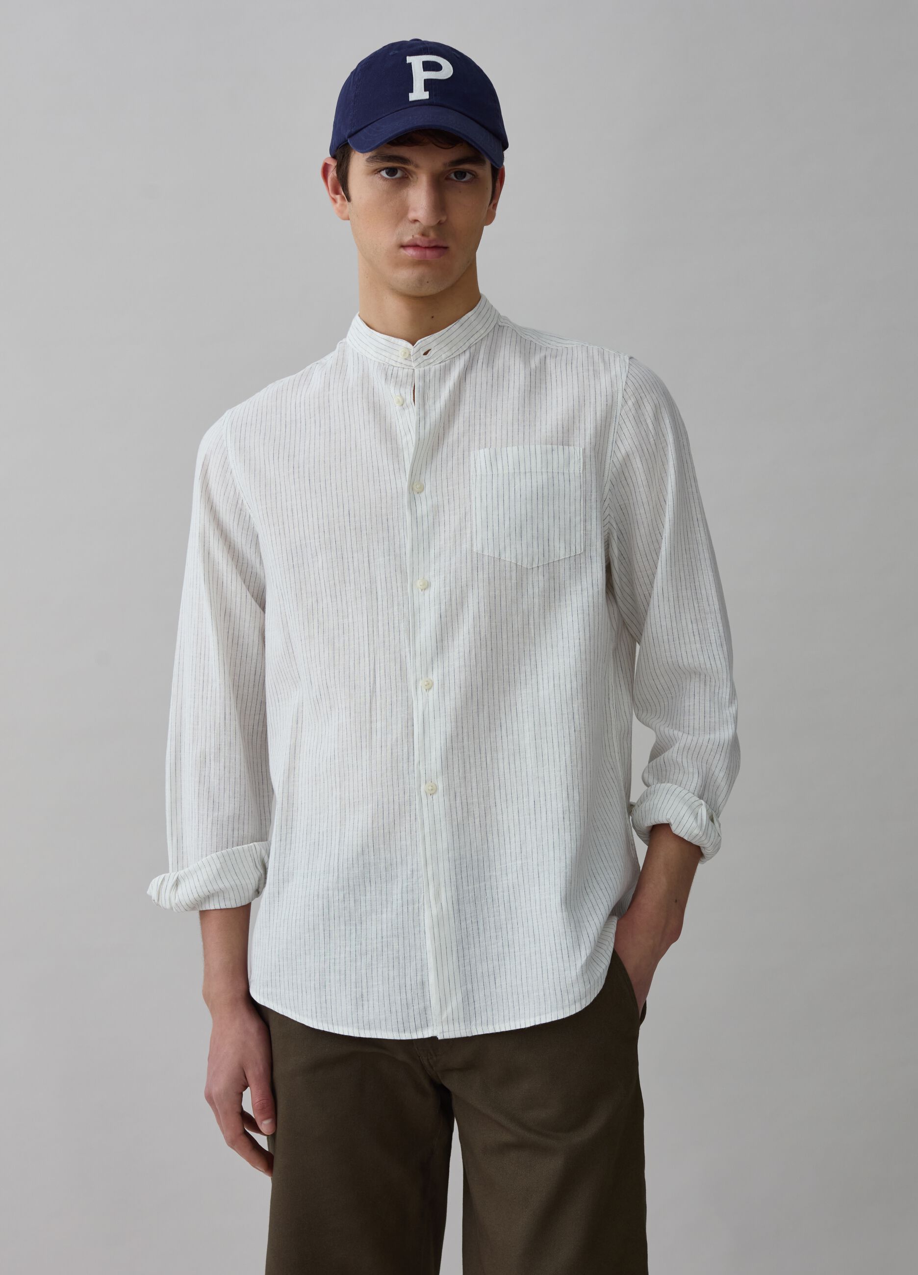 Linen and cotton shirt with thin stripes