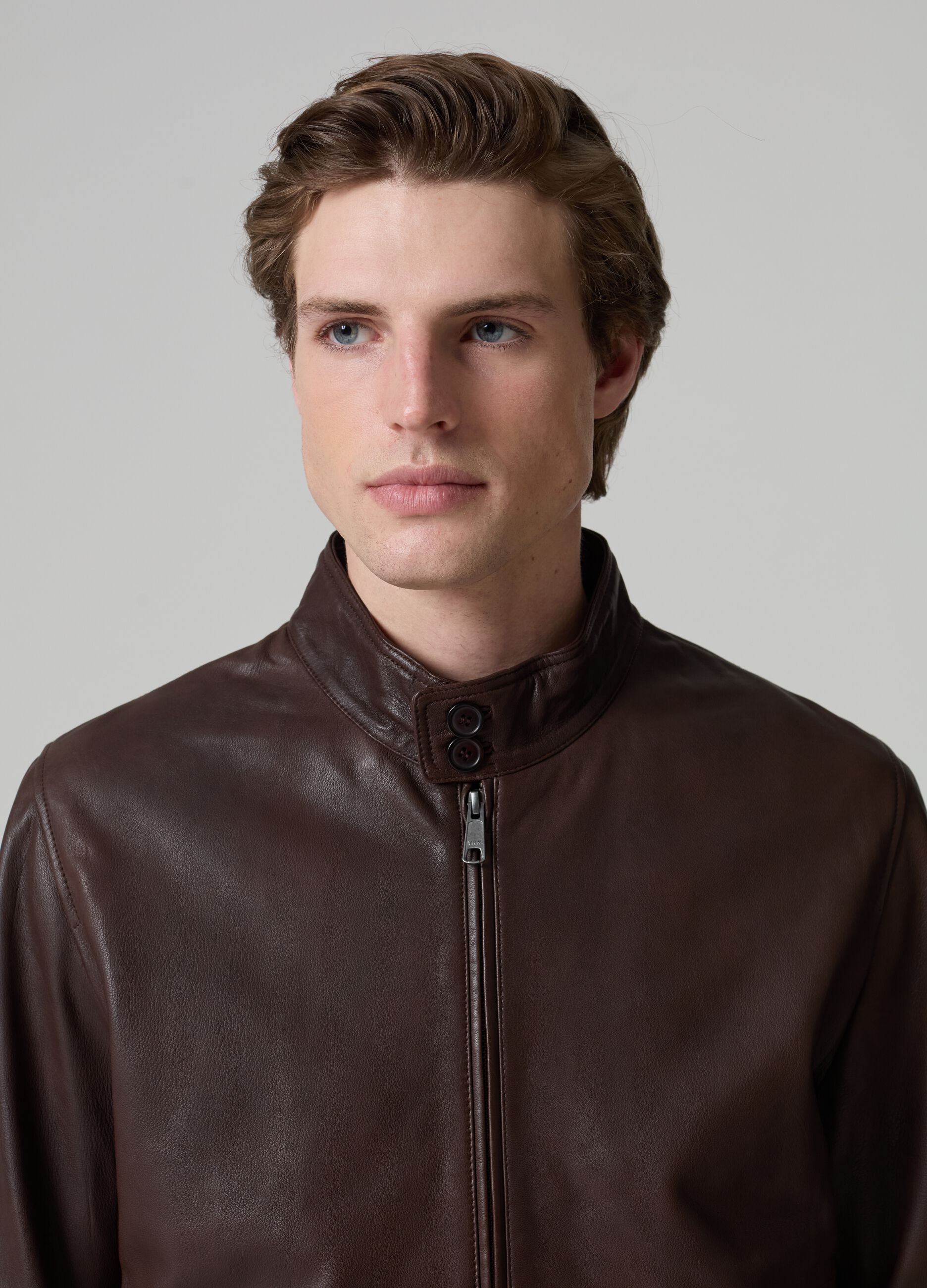 Leather bomber jacket with high neck