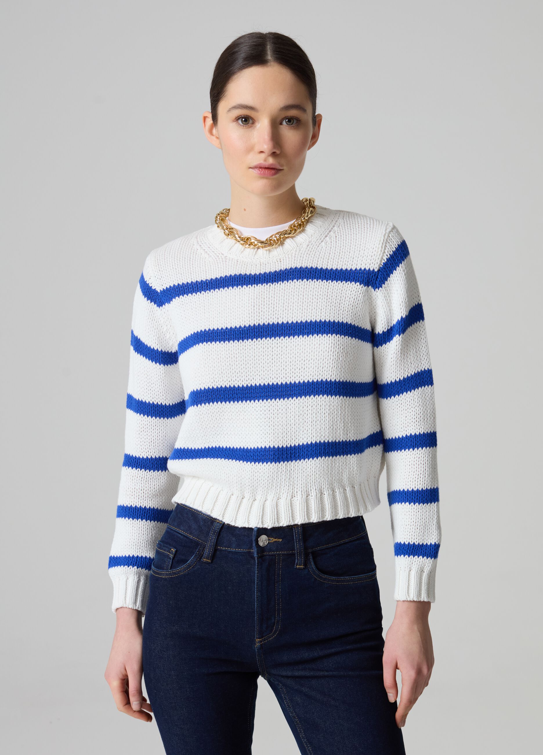 Cropped pullover in striped cotton_0