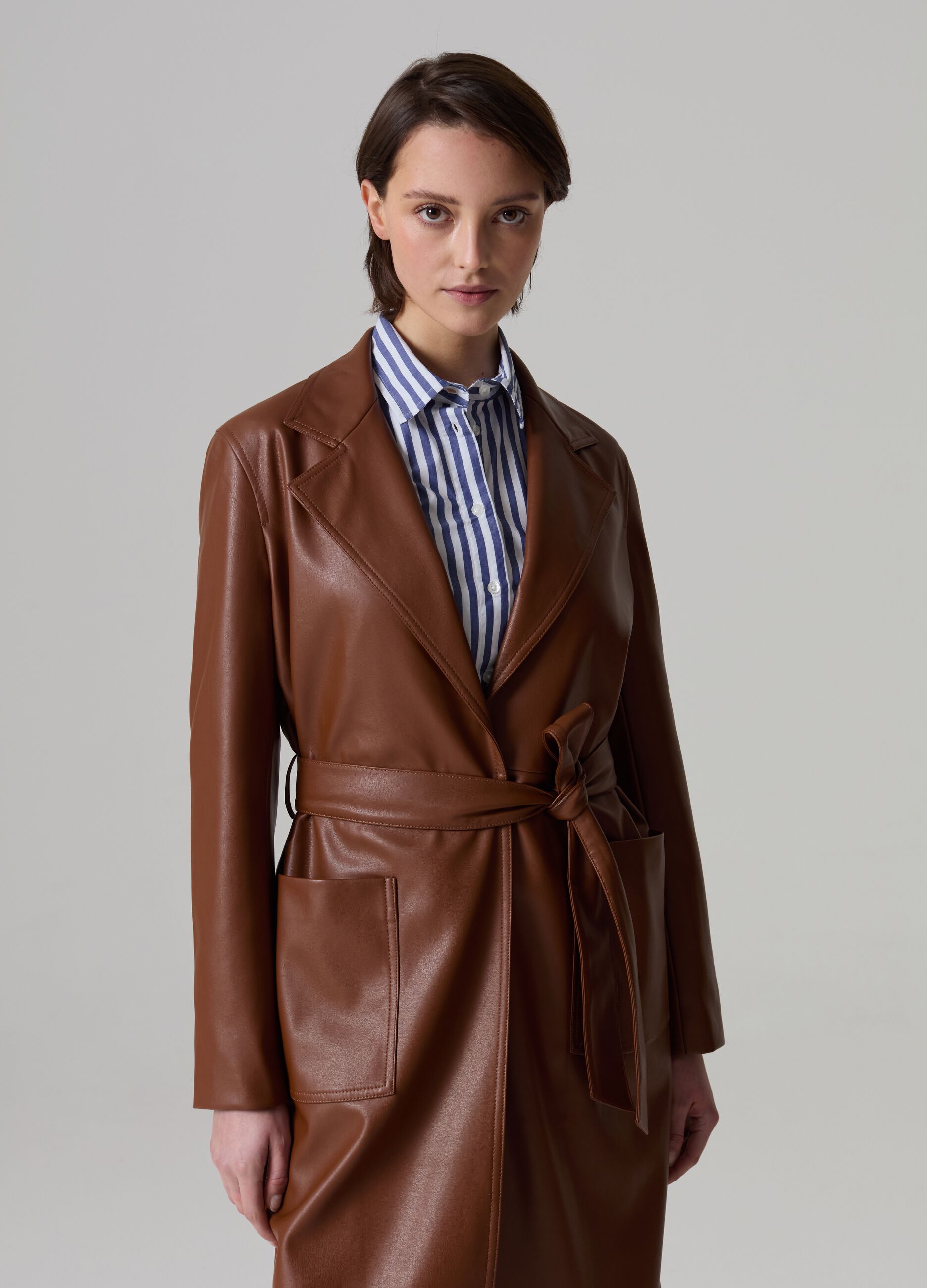 Long glossy-effect trench coat with belt_1