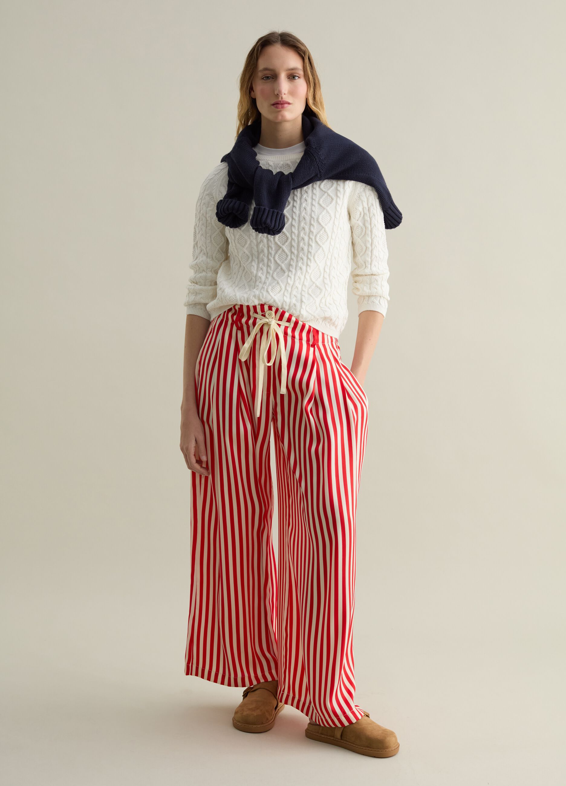 Wide-leg striped trousers with drawstring