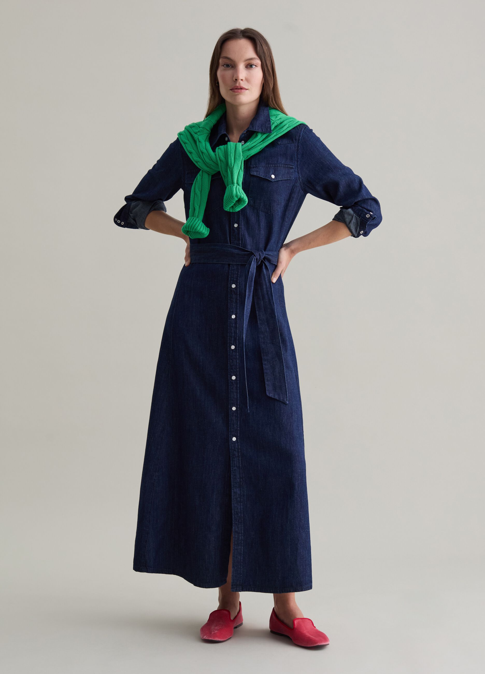 Woman s Long shirt dress in denim with belt PIOMBO