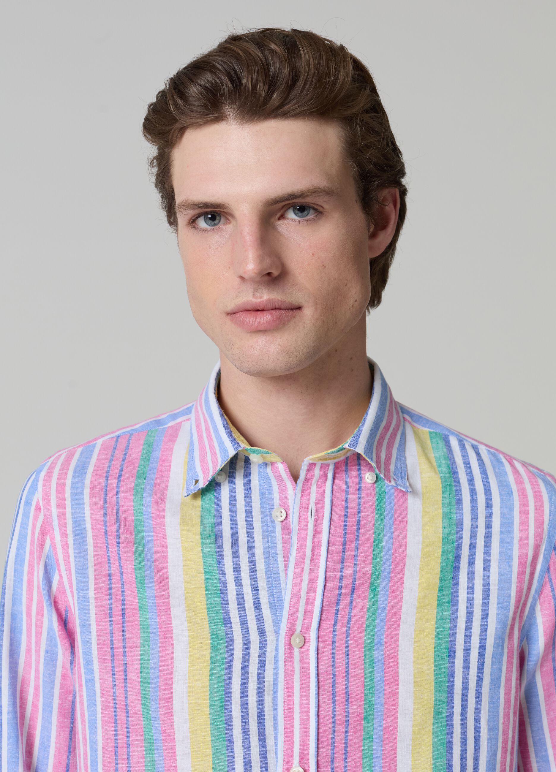Linen and cotton shirt with multicoloured stripes