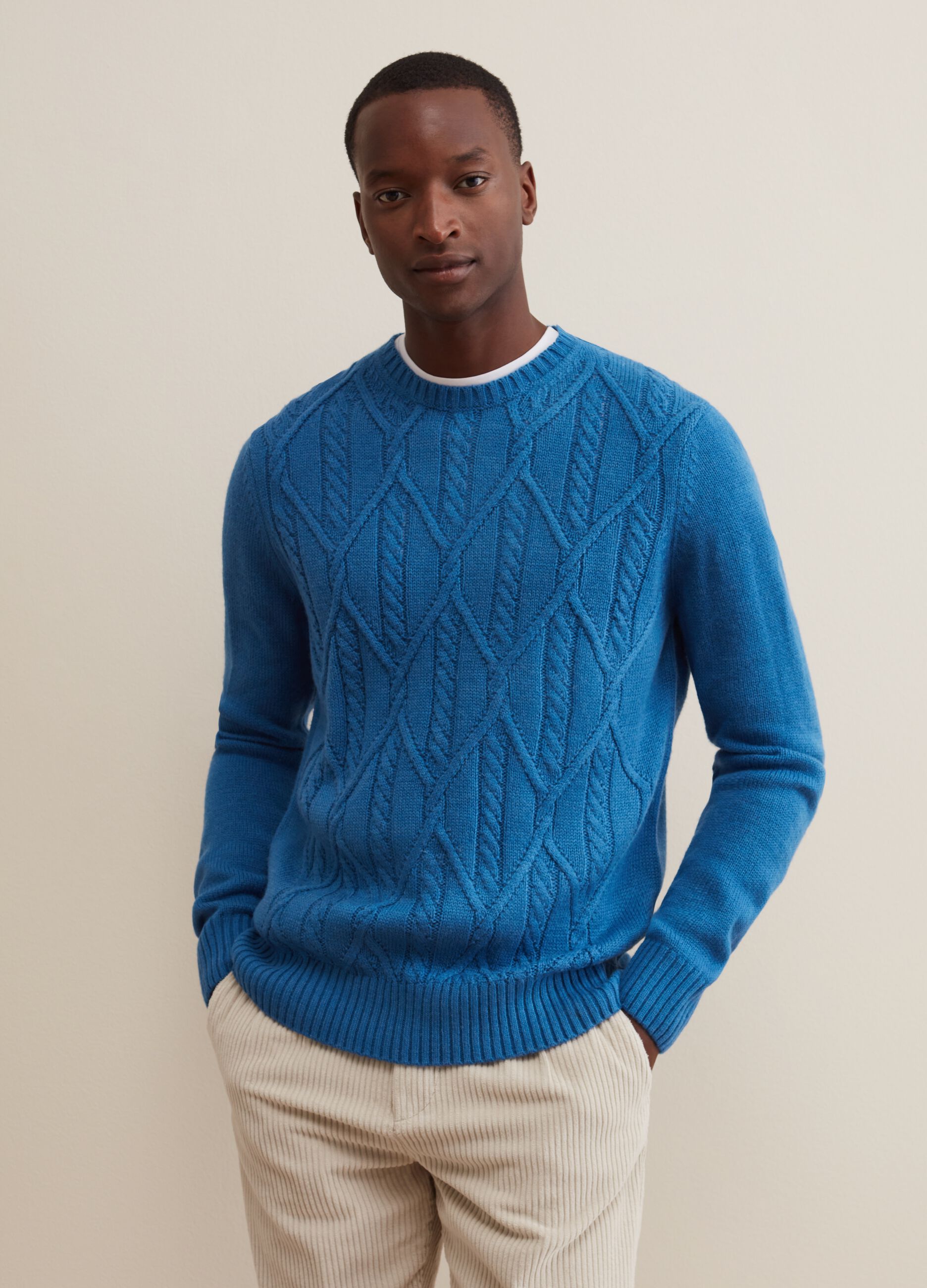 Man s Deep Blue Diamond pullover with cable knit design PIOMBO