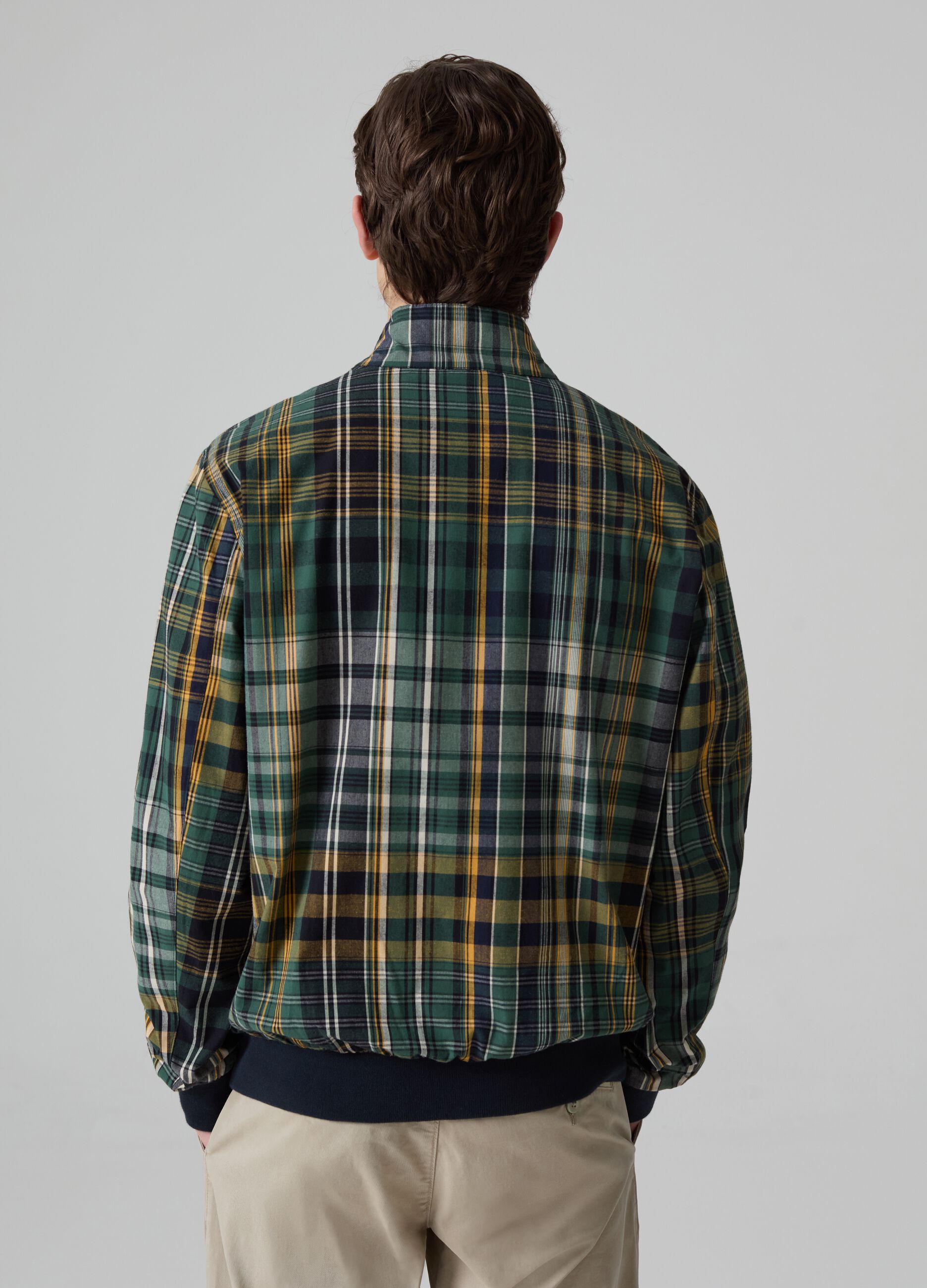 Full-zip tartan bomber jacket with high neck