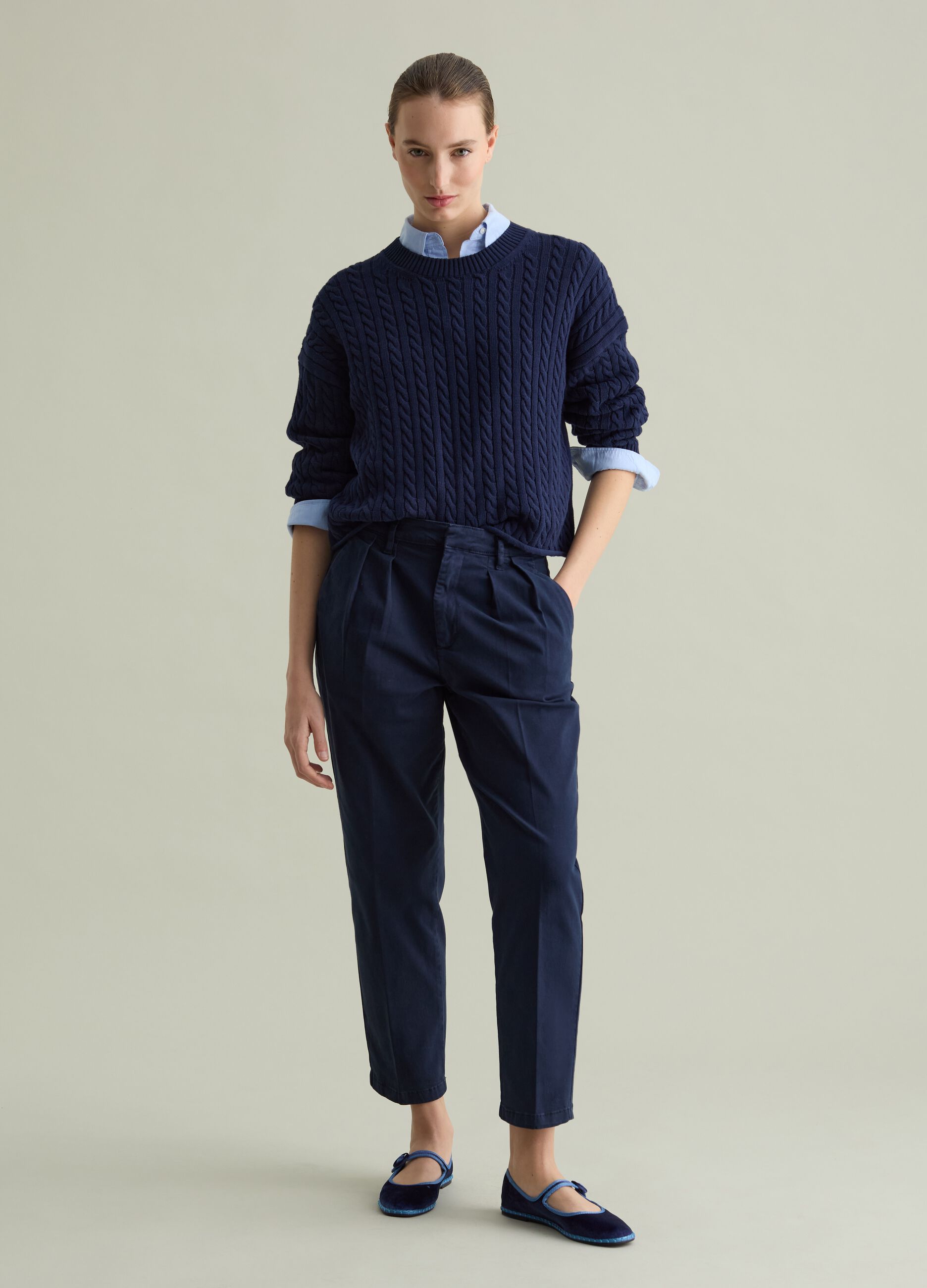 Ribbed pullover with cable-knit design