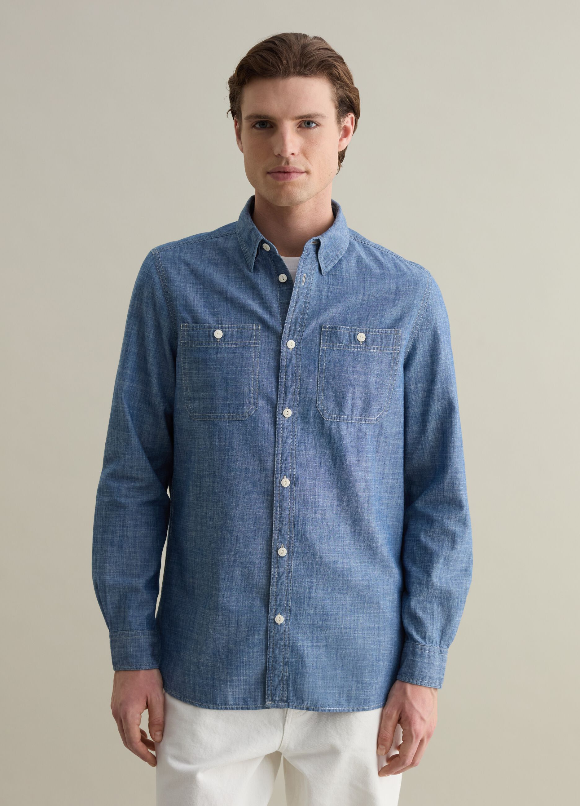 Iridescent cotton shirt with pockets
