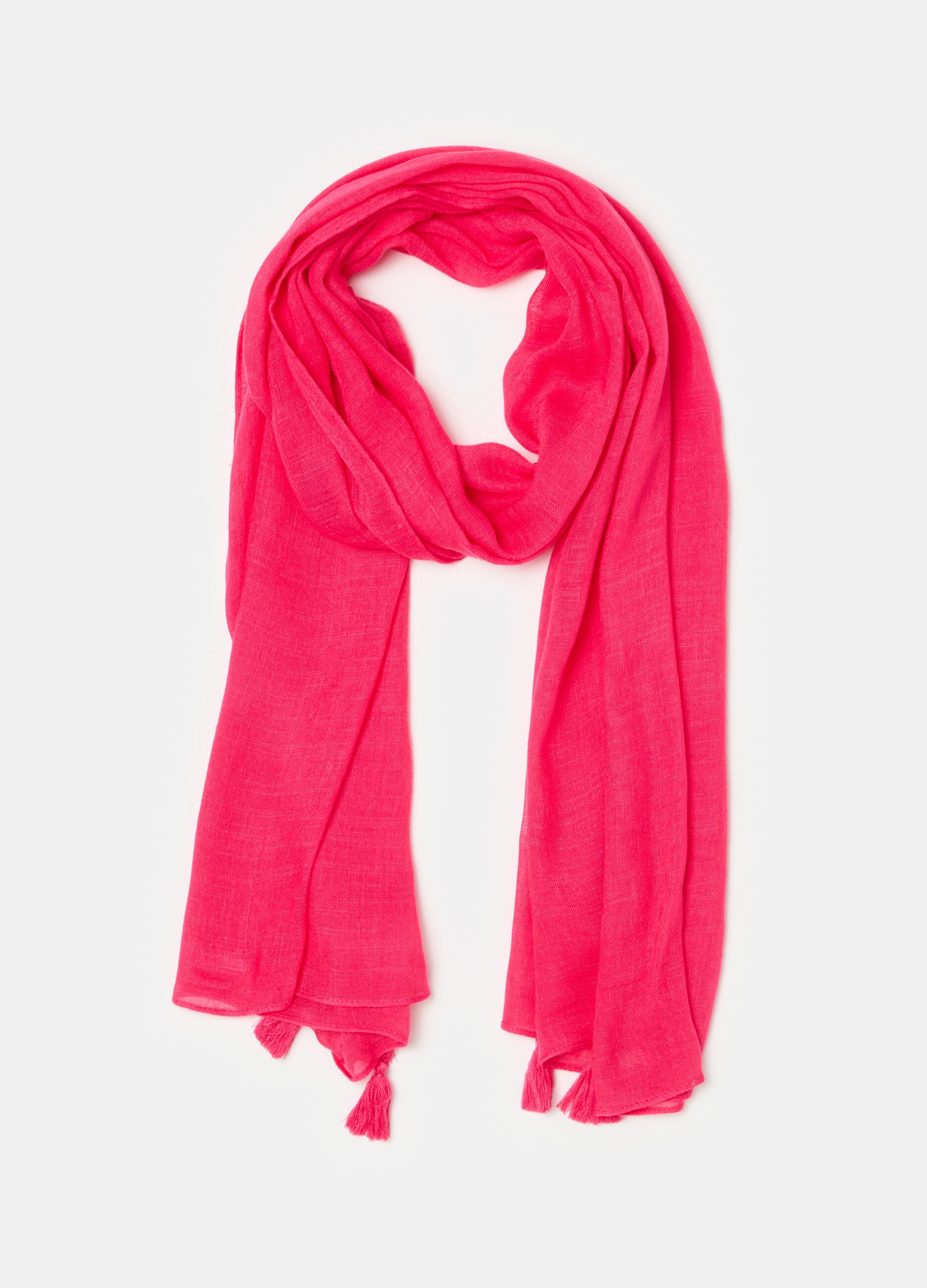Viscose and linen scarf with tassels_0