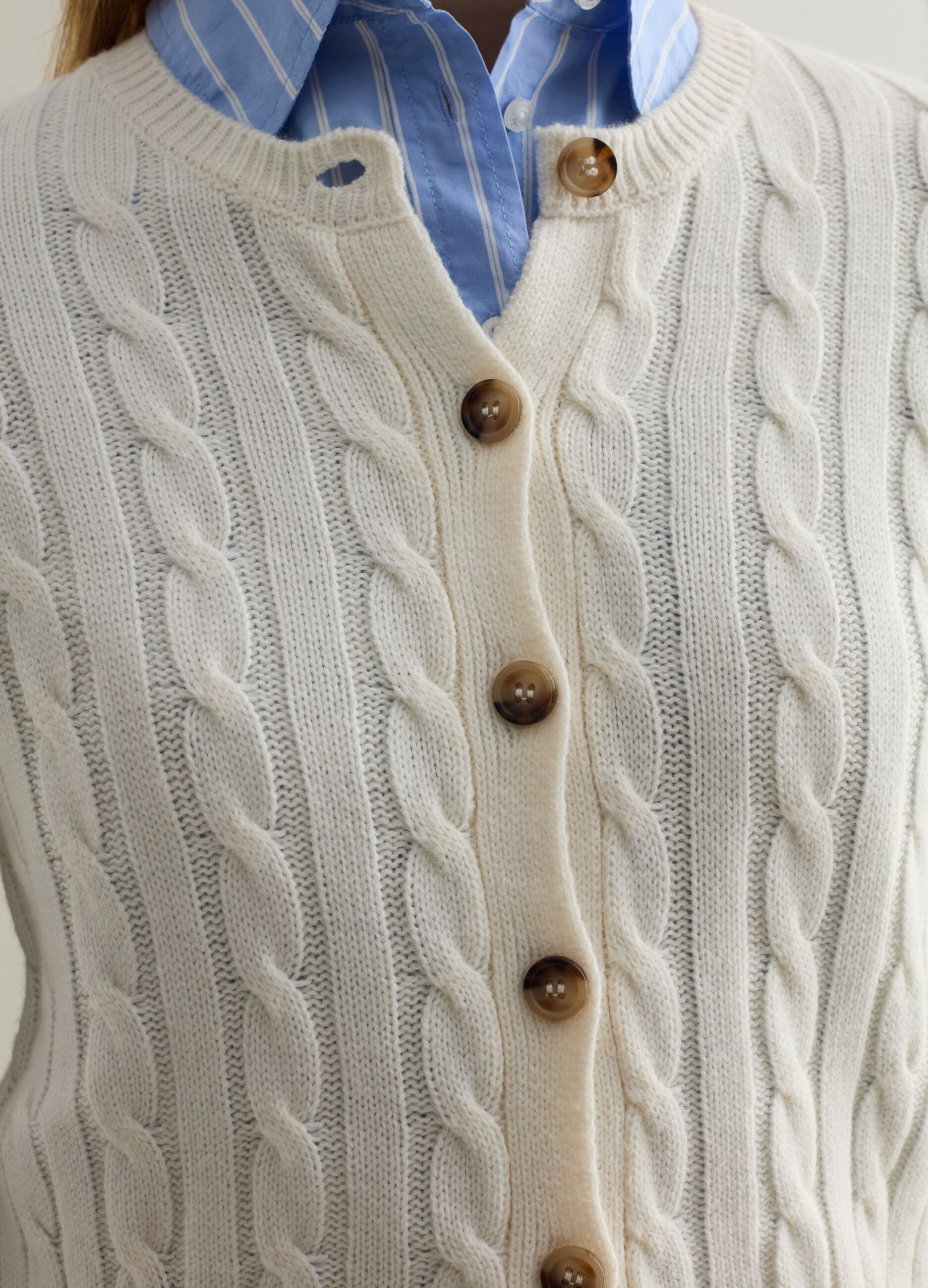 Woman s Soft White Ribbed cardigan with cable knit design PIOMBO