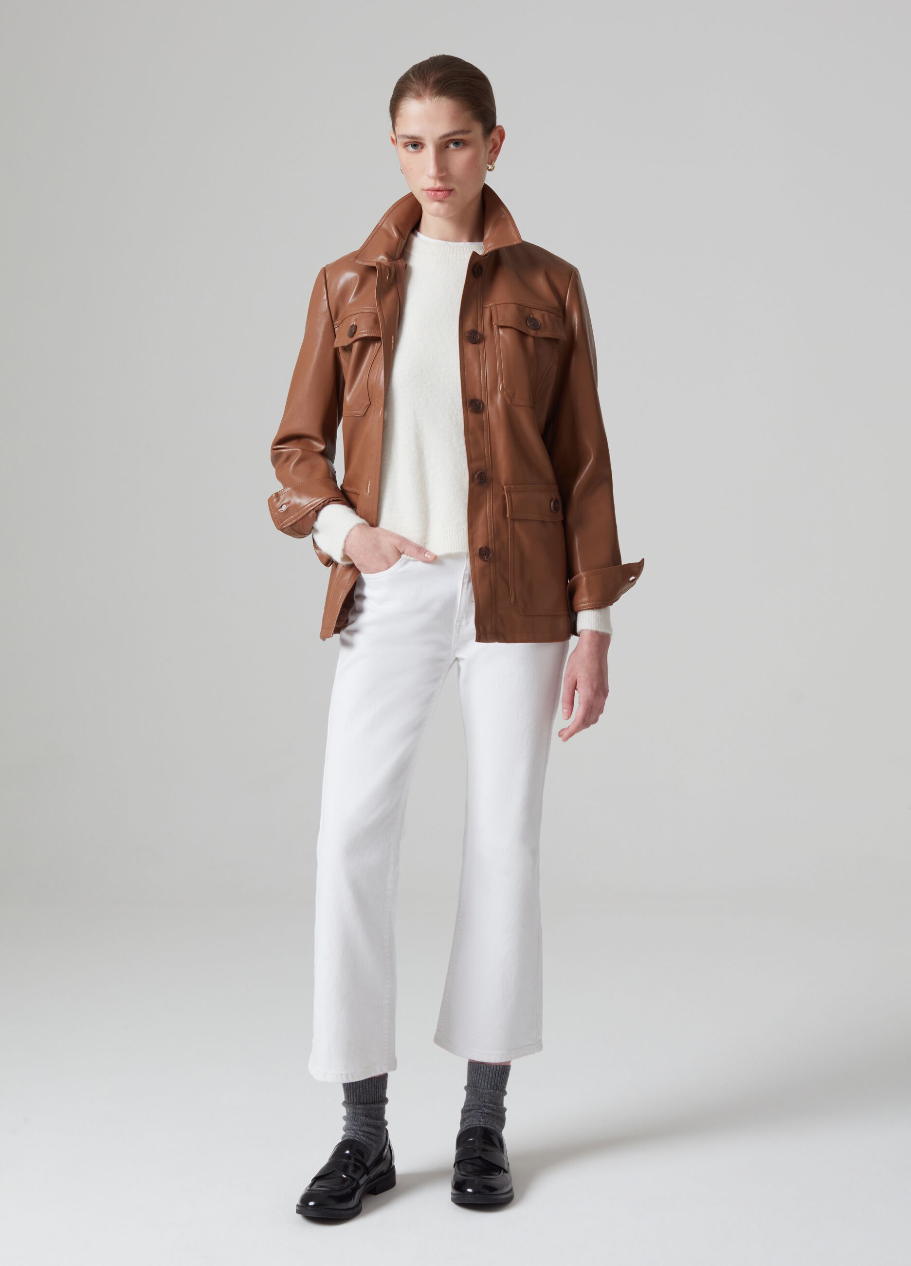 Woman s Leather Brown Short jacket with shiny effect PIOMBO