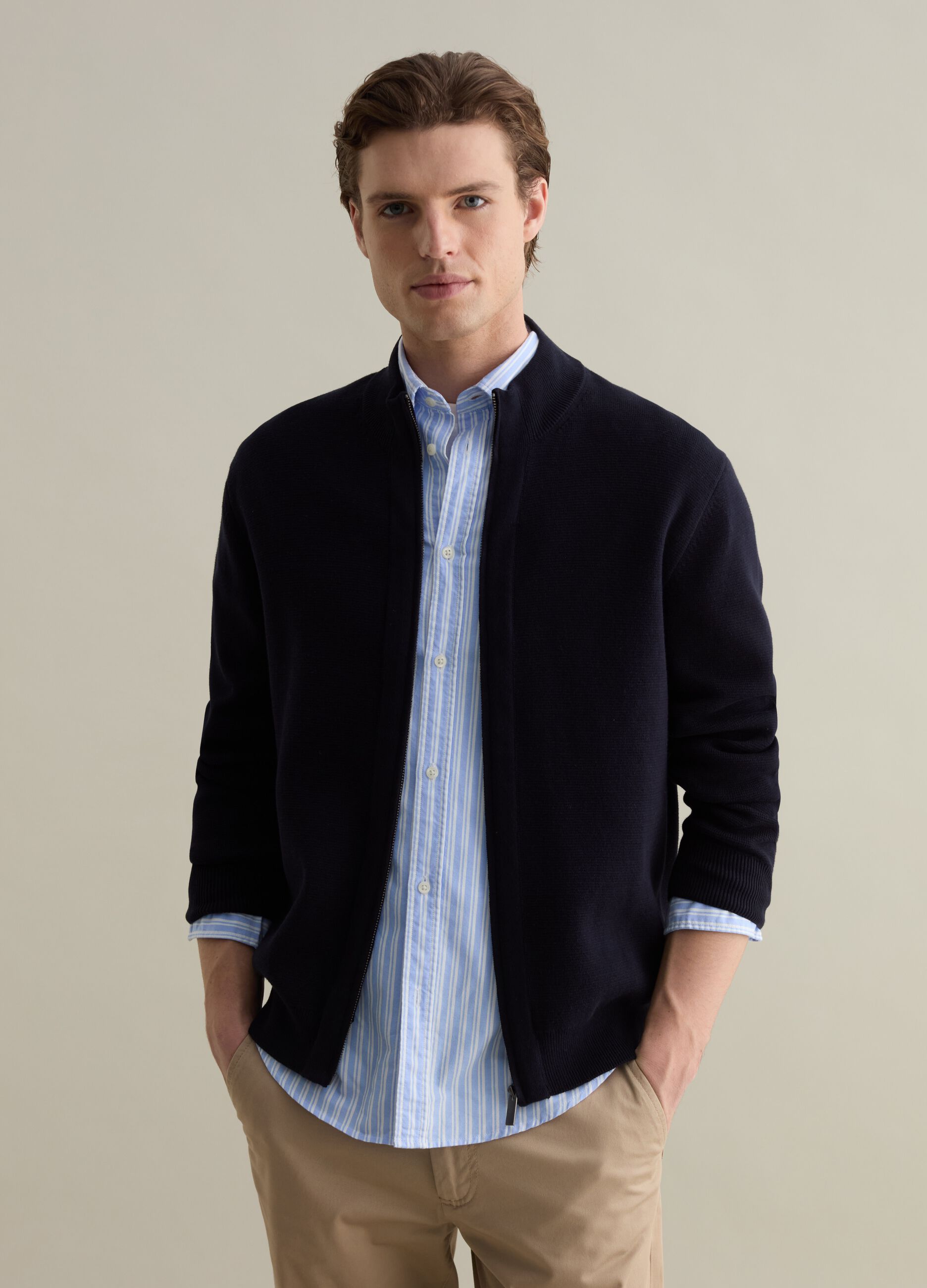 Full-zip cardigan with high neck